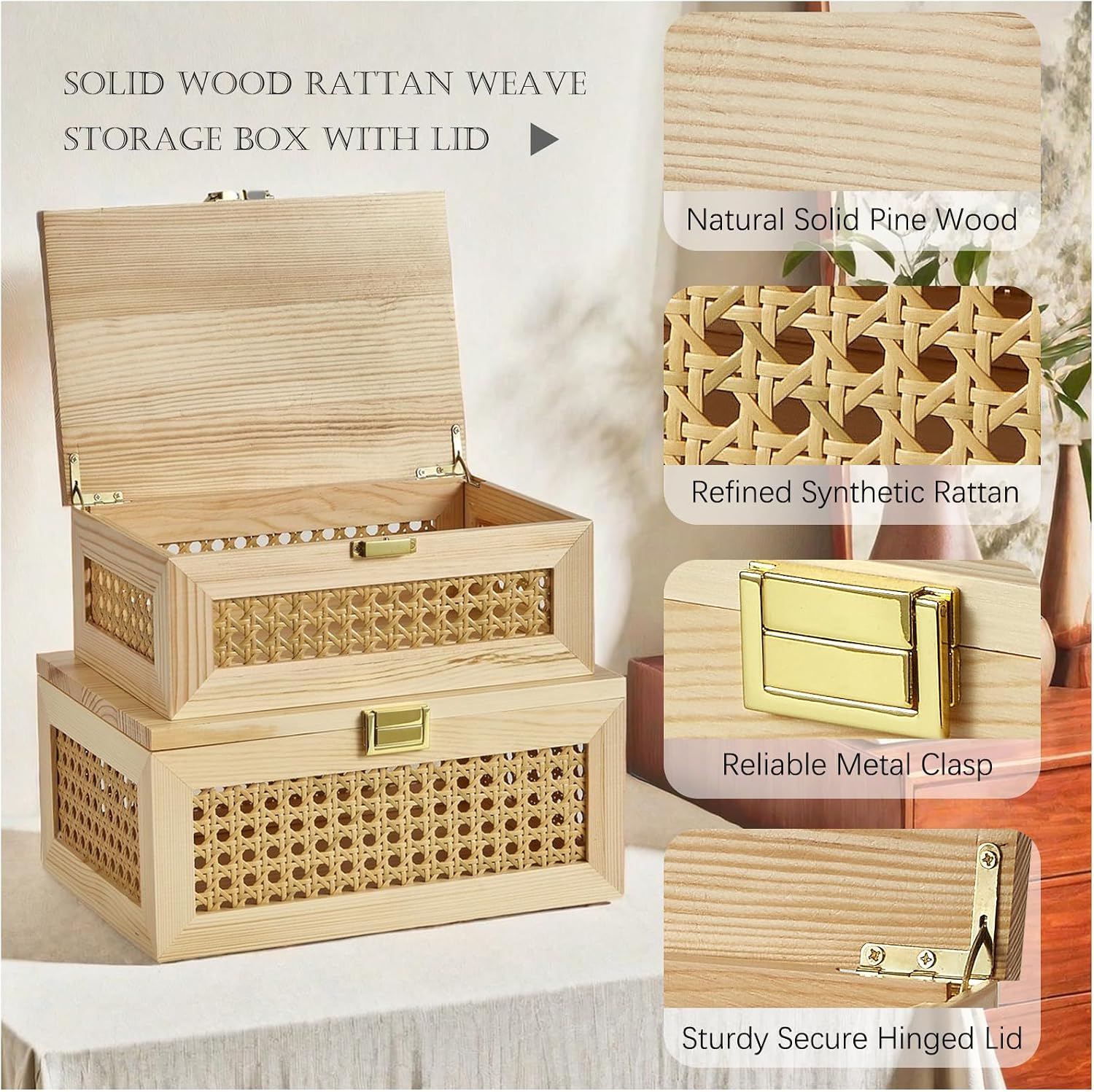 Decorative Rattan Storage Boxes Solid Wood Baskets Bins / Light Wood / Natural / Set of 2