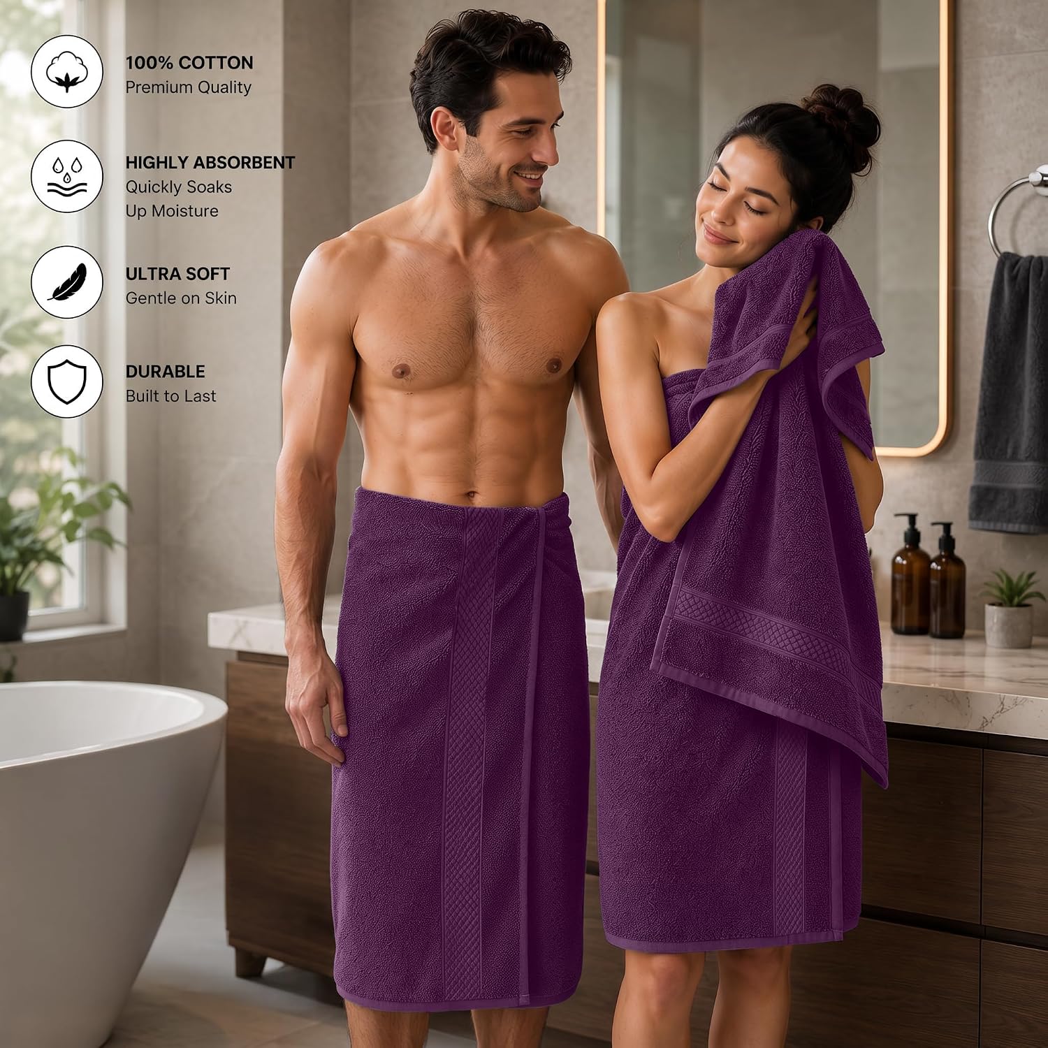DAN RIVER 600 GSM Cotton Large Bath Towels Set of 4, 27 x 54 Inches, Purple | Larger & Lighter Weight Towels for