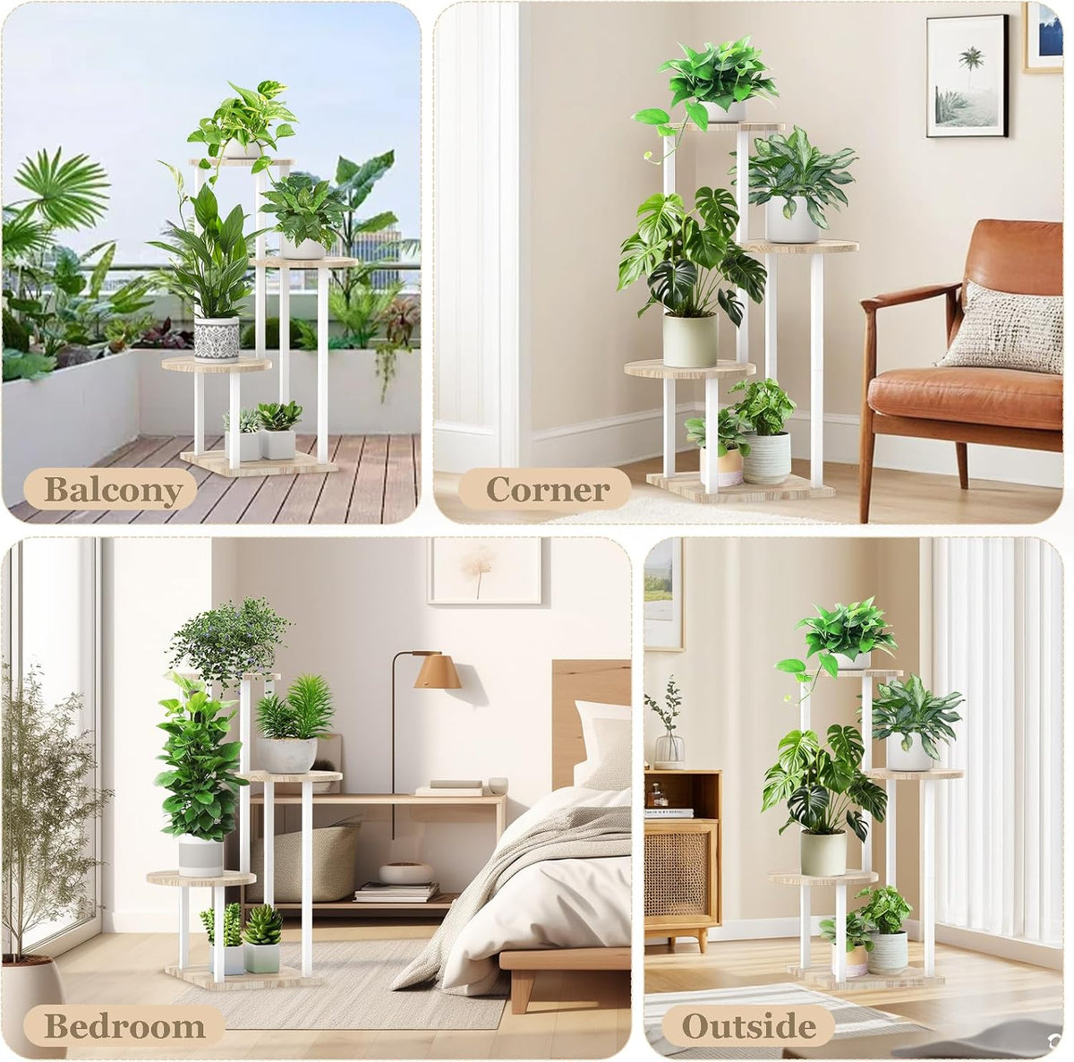 4 Tier White Metal Wooden Tall Plant Stand Indoor Shelf Flower Pot Holder for Multiple Plants, Corner Display Rack for
