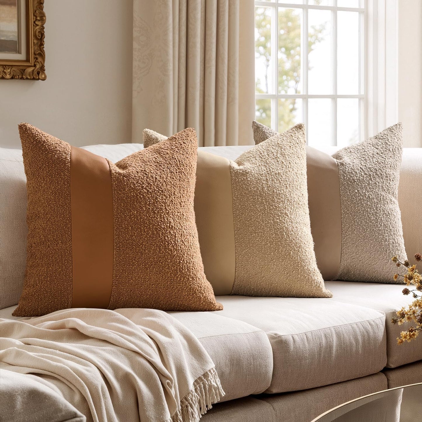 Boucle Throw Pillow Covers Faux Leather Textured Decorative Pillow / 18 x 18 / Brown / Set of 2