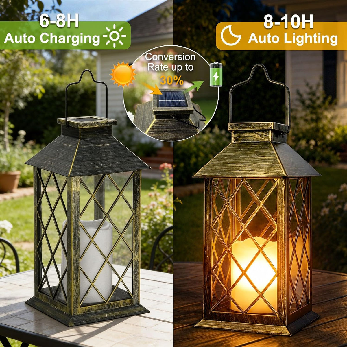 Outdoor Solar Lanterns 14'' Large Solar Lanterns Outdoor Waterproof, Bronze | 2 Pack Tempered Glass Outdoor Lanterns