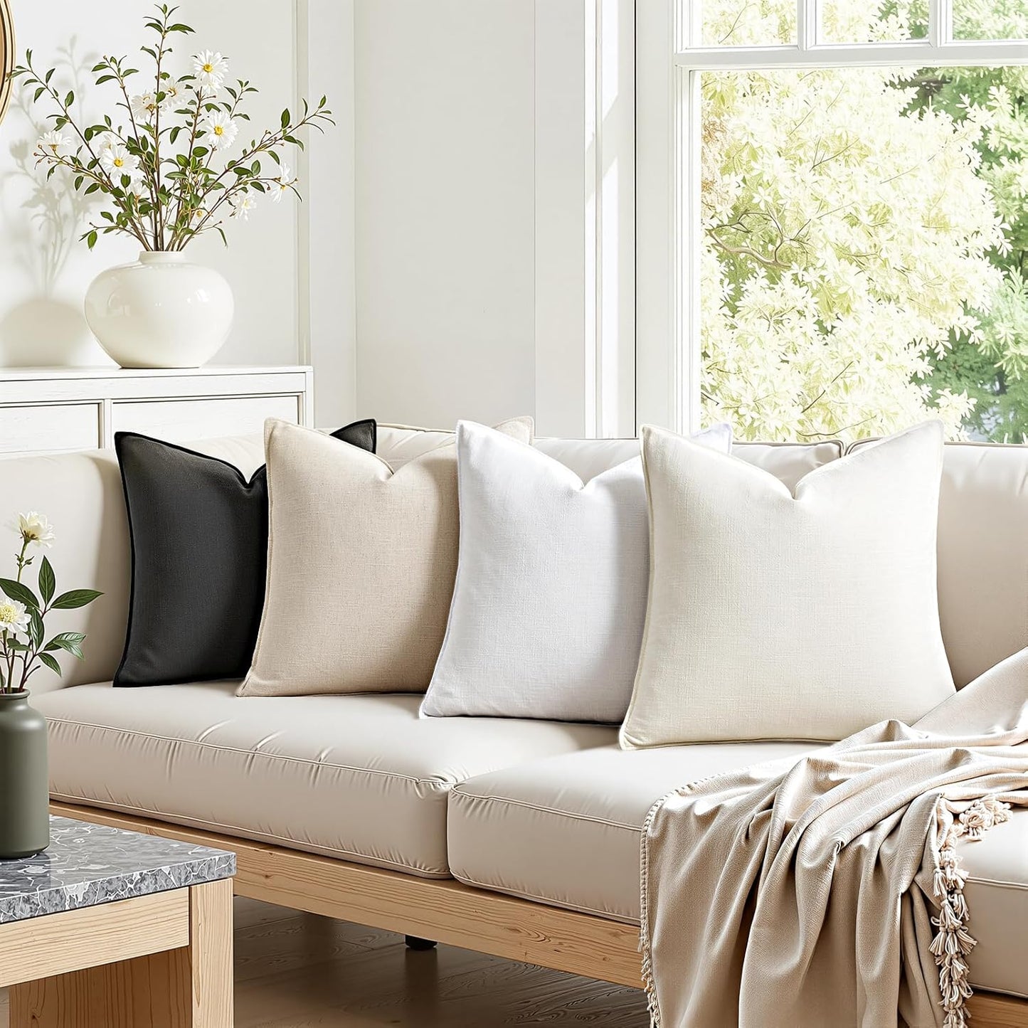 Couch Pillows Soft Linen Solid Lumbar Boho Cushion Cases / Neutral Grey / 20 x 12 / Set of 4