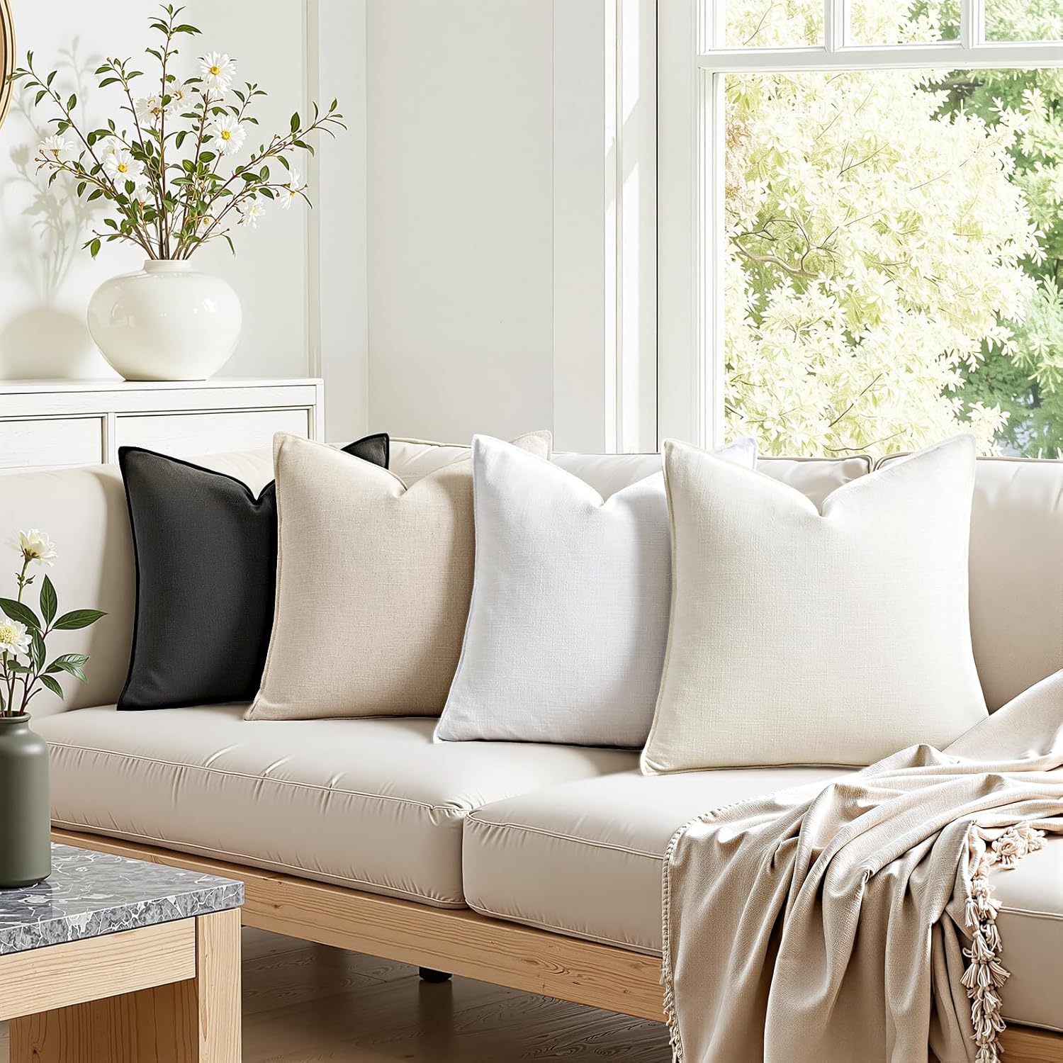 Couch Pillows Soft Linen Solid Lumbar Boho Cushion Cases / Neutral Grey / 20 x 12 / Set of 4