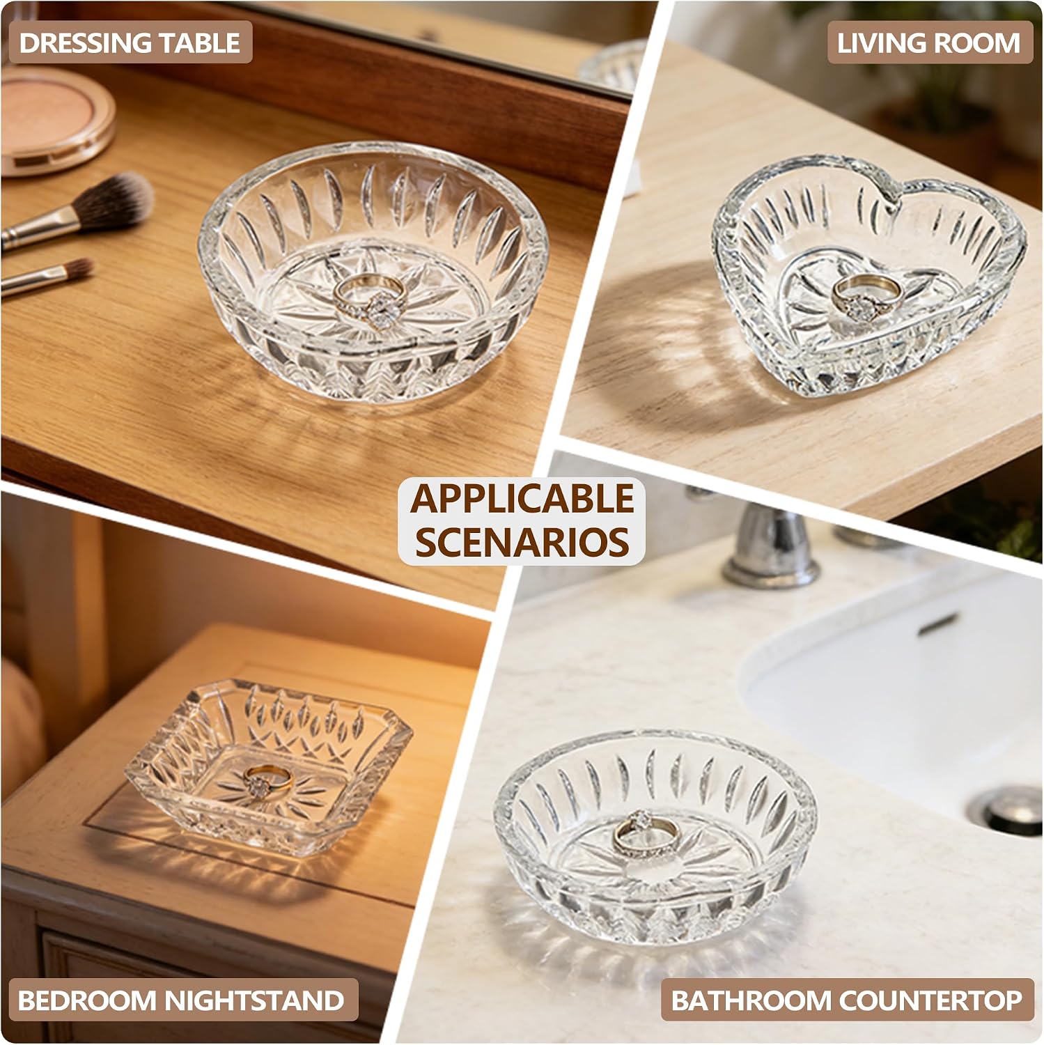 Jewelry Dish Tray for Women Crystal Ring Holder / Clear / Set of 3