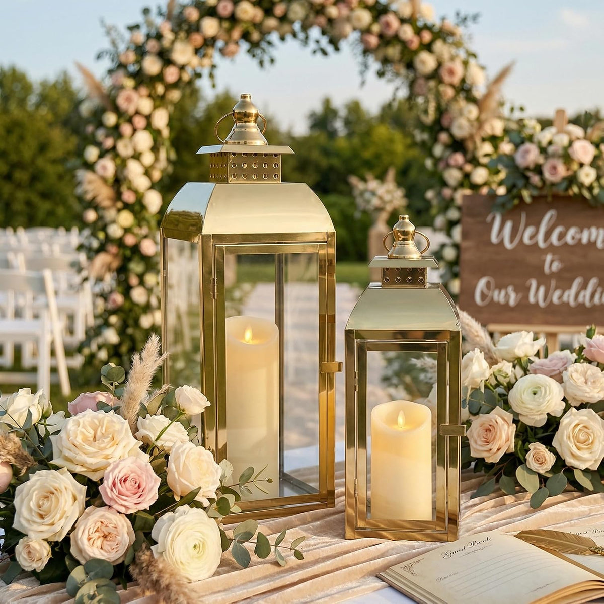 JHY DESIGN Set of 2 Stainless Steel Decorative Candle Lanterns 20.5"&15" High Metal Candle Lanterns for Indoor Outdoor