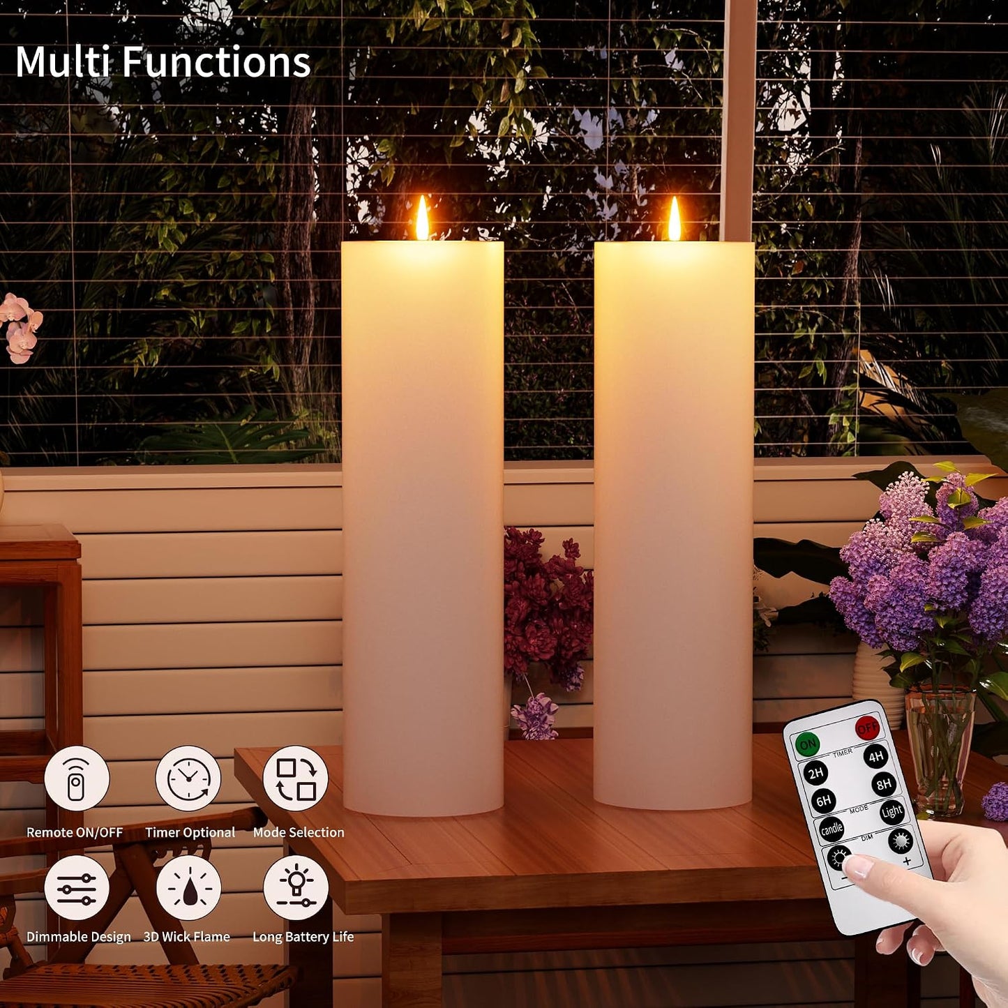 14" x 4" Large Outdoor Candle with Remote Timer Waterproof White 2 Pack | Battery Operated Flameless Pillar Candle