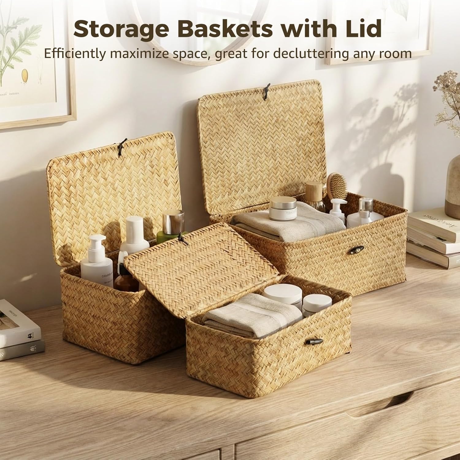Handwoven Seagrass Bins / Natural / Set of 3