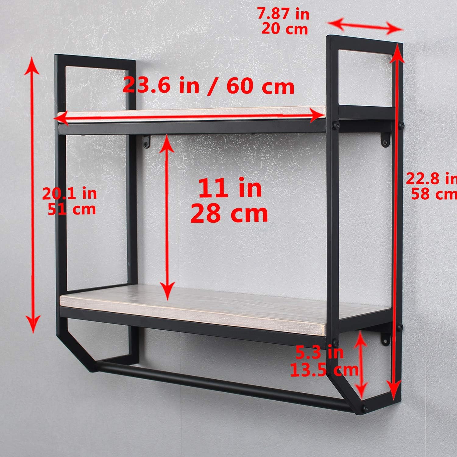2-Tier Metal Industrial 23.6" Bathroom Shelves Wall Mounted,Rustic Wall Shelf Over Toilet,Towel Rack with Towel