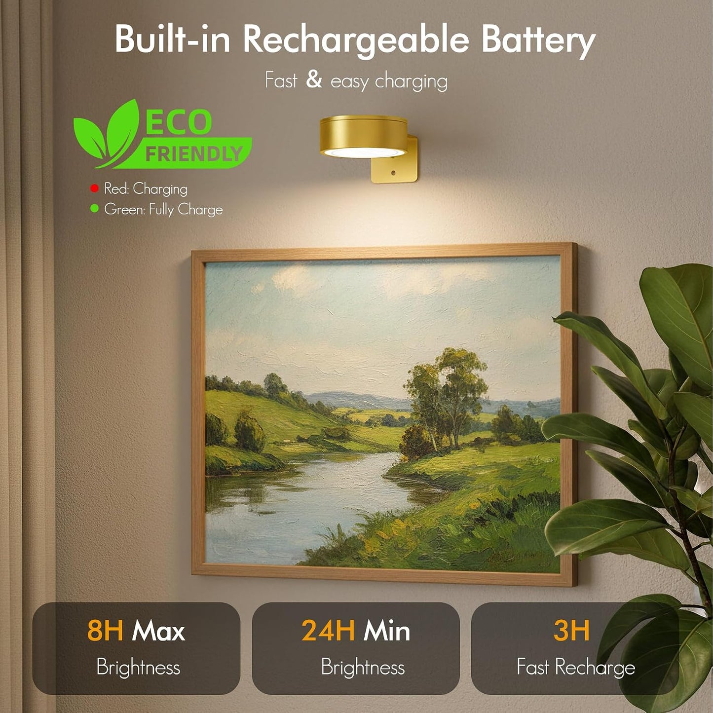 Picture Lights for Wall, Rechargeable Battery Wireless Poster Lights, Gold | LED Magnetic Painting Light with Remote