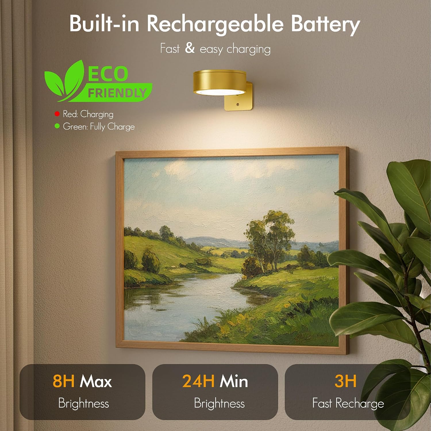 Picture Lights for Wall, Rechargeable Battery Wireless Poster Lights, Gold | LED Magnetic Painting Light with Remote
