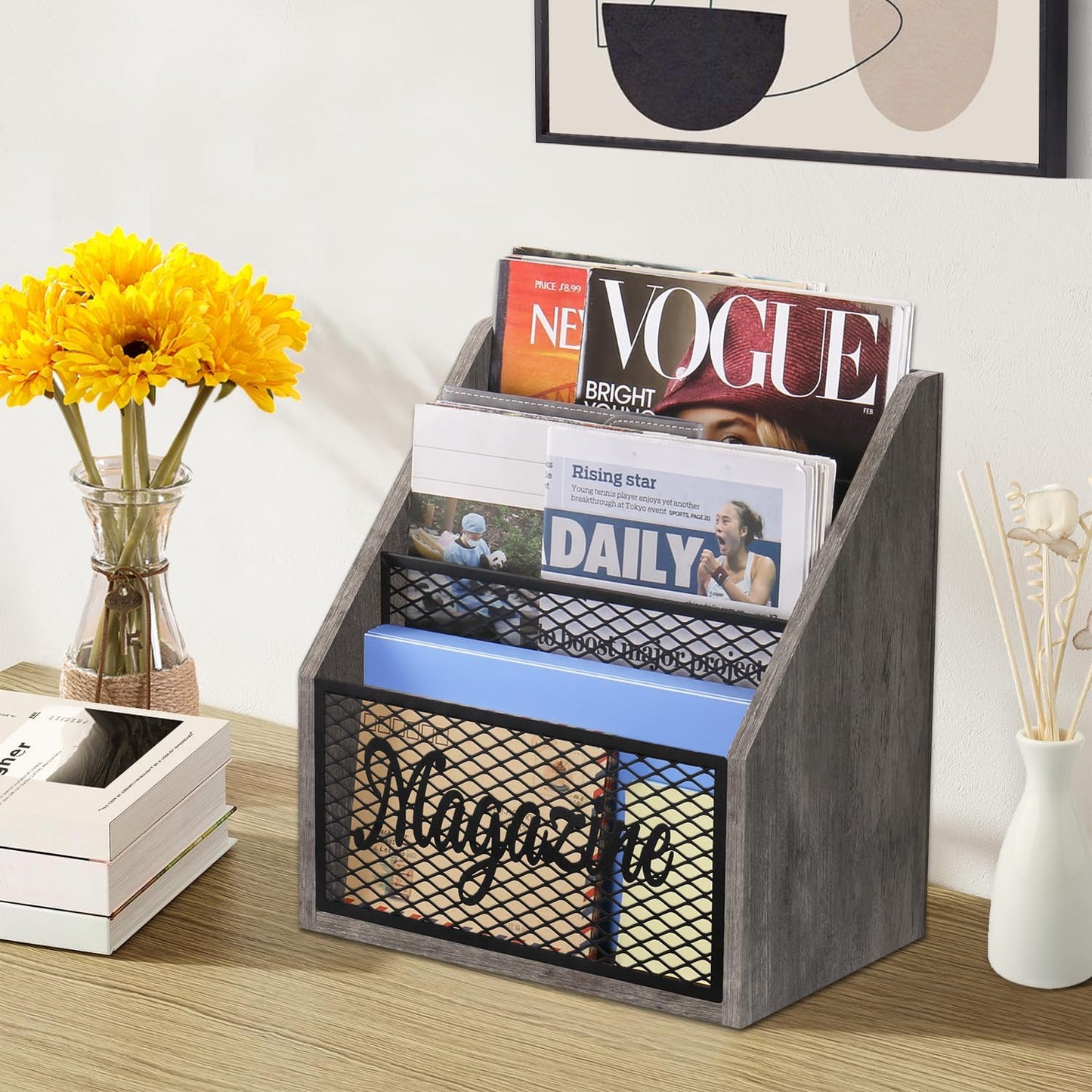 YINMIT 3 Tier Magazine Rack, Stepped Magazine Holder Floor for Home Storage | 3 Tier Stepped Design, Wood and Metal