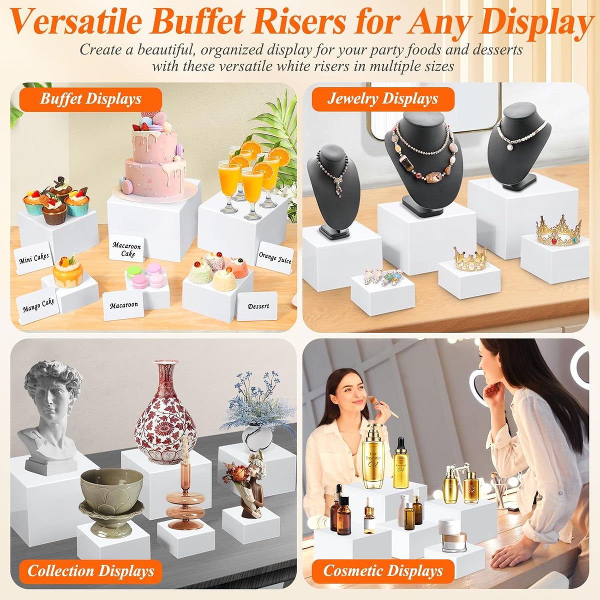 10 Pcs White Acrylic Buffet Risers with Mini Sign and Marker, Food Display Stands for Buffet Table Party Catering