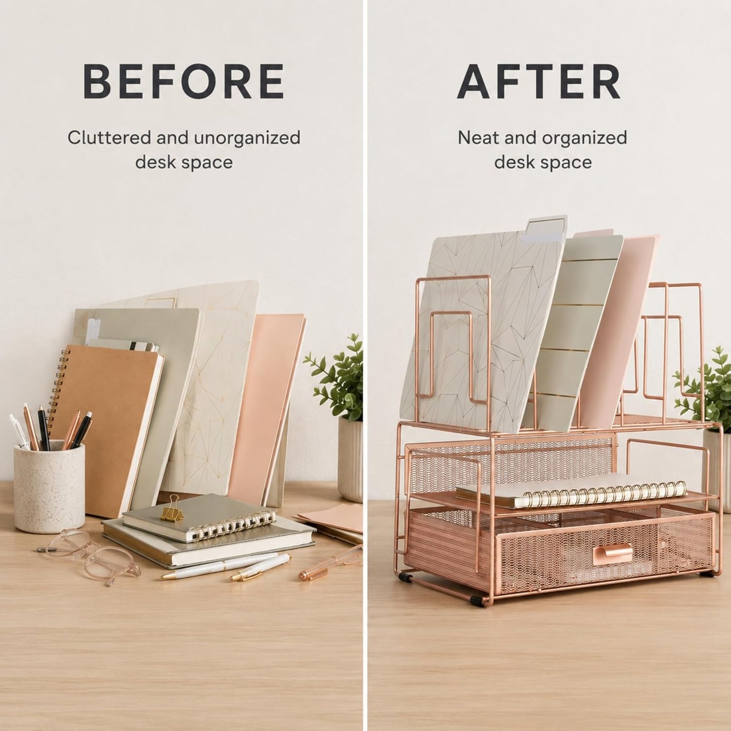 BLU MONACO | Rose Gold Desk Organizer with Drawer | Metal Desk Organizer with File Sorters and Storage Compartments