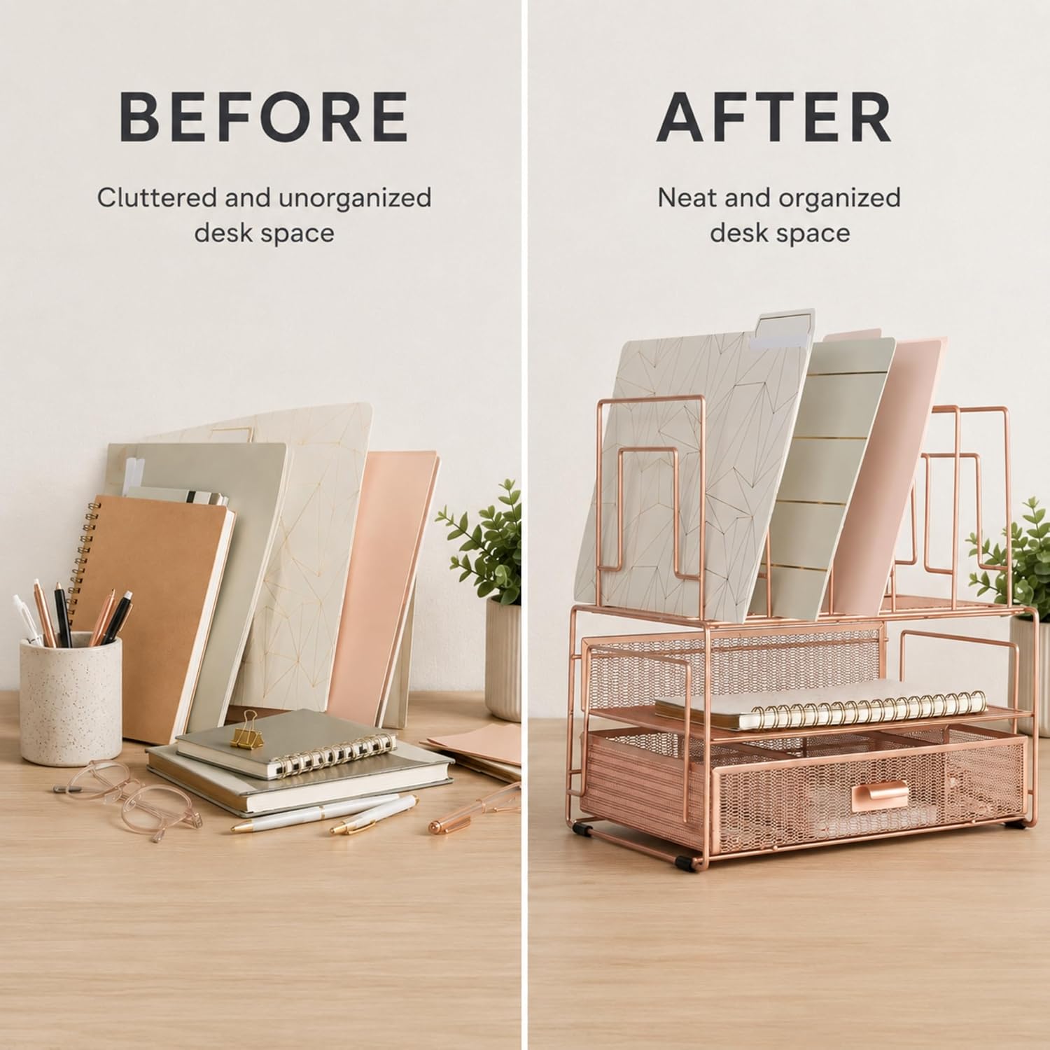 BLU MONACO | Rose Gold Desk Organizer with Drawer | Metal Desk Organizer with File Sorters and Storage Compartments