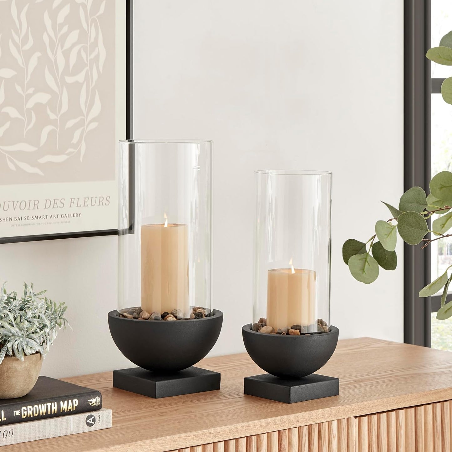 Danya B. Modern Black Metal Bold Pedestal and Glass Pillar Hurricane Candle Holder (Small)