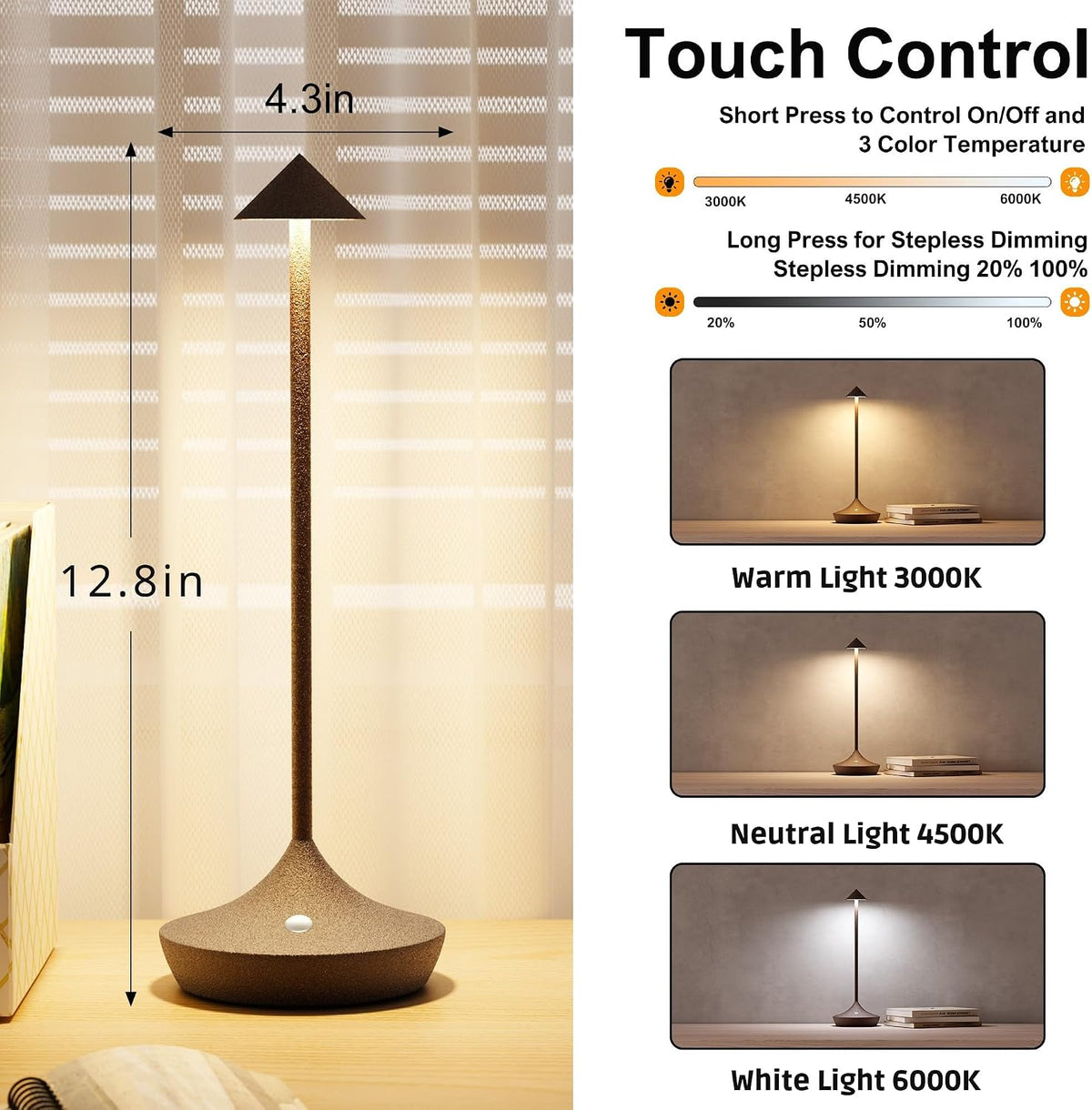 Cordless Rechargeable Table Lamp, Long-Lasting 60-Hr Battery, Dimmable LED | Set of 2 Rust with IP54 6000mAh 3 Color