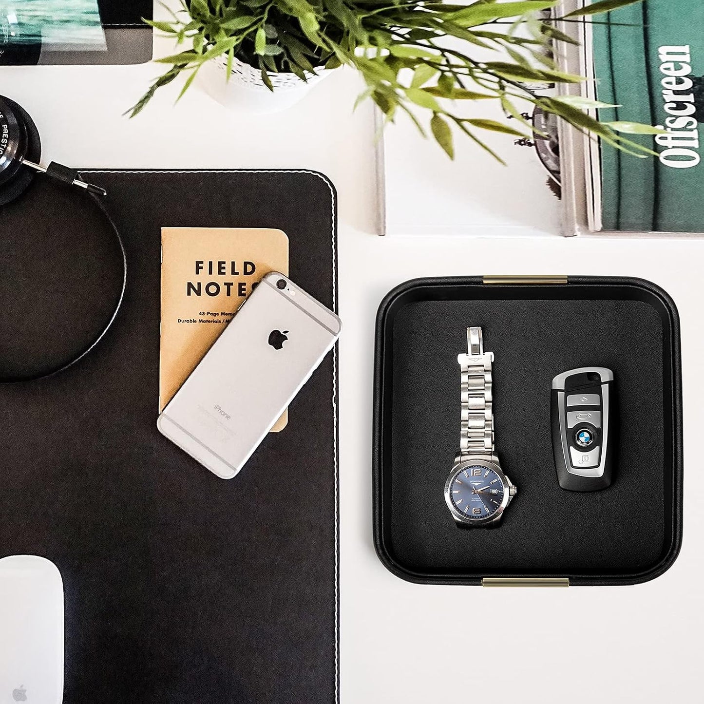 Leather Desktop Storage Small Catchall Organizer Decorative Tray / 7.7 x 7.7 x 1.7 / Black