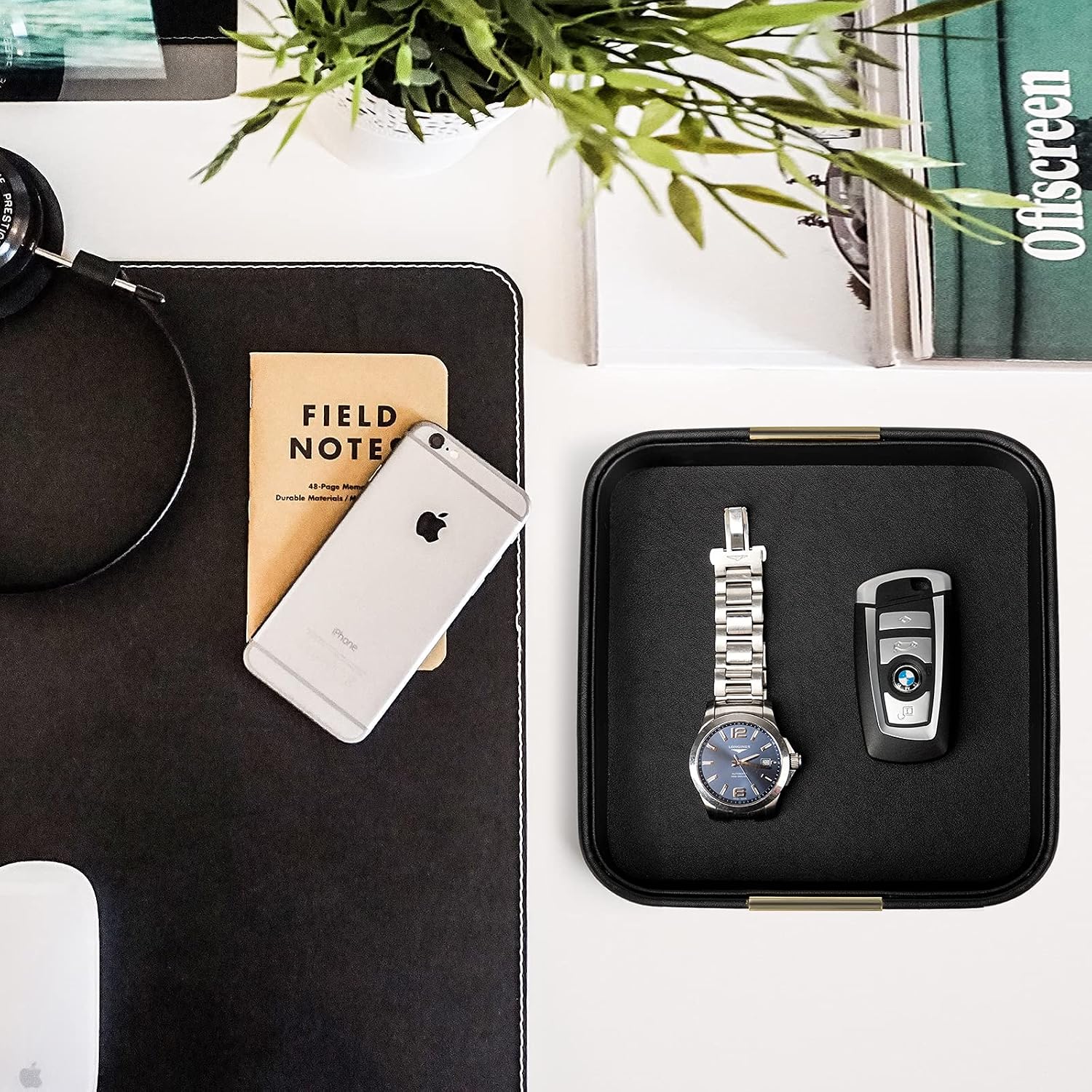 Leather Desktop Storage Small Catchall Organizer Decorative Tray / 7.7 x 7.7 x 1.7 / Black