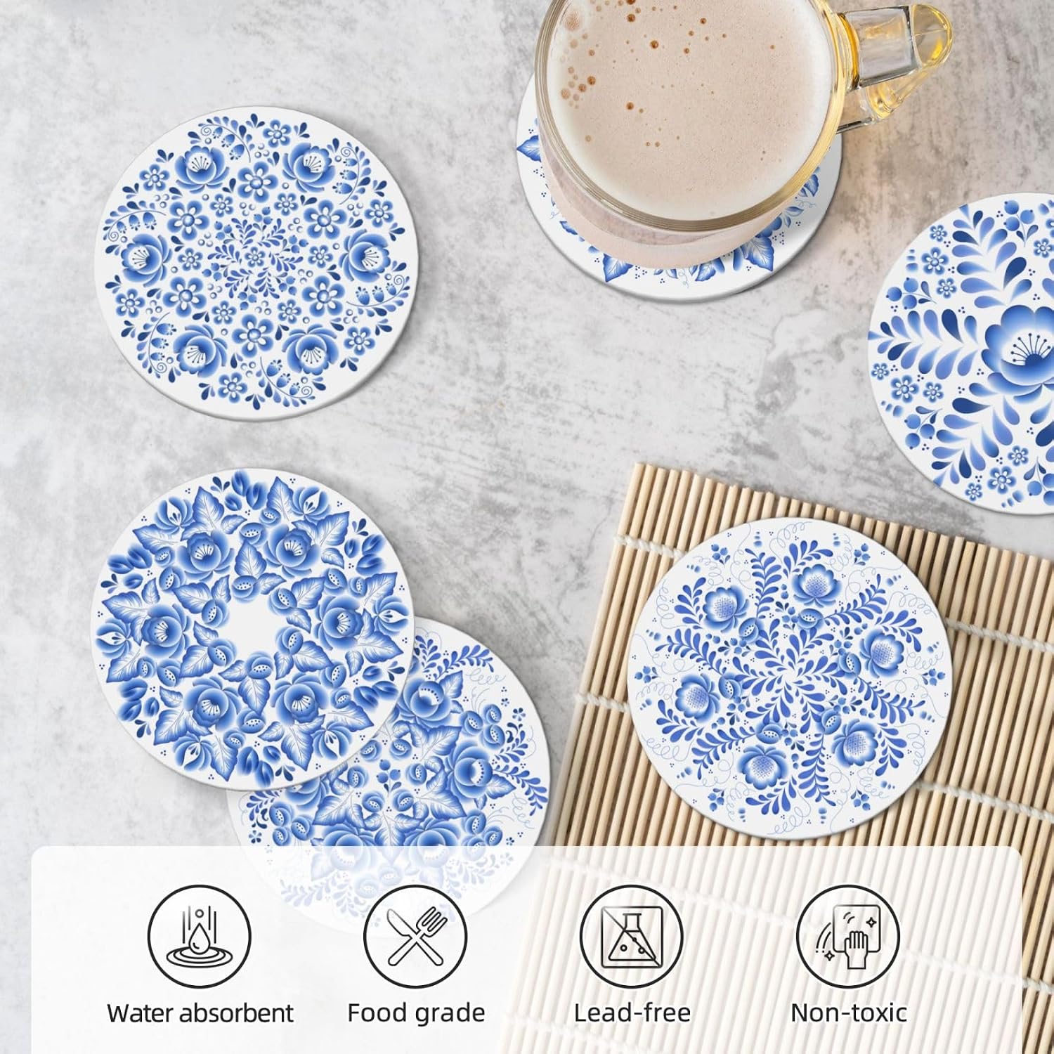 Blue and White Flower Style Ceramic Drink Coaster / Blue and White Flower-6