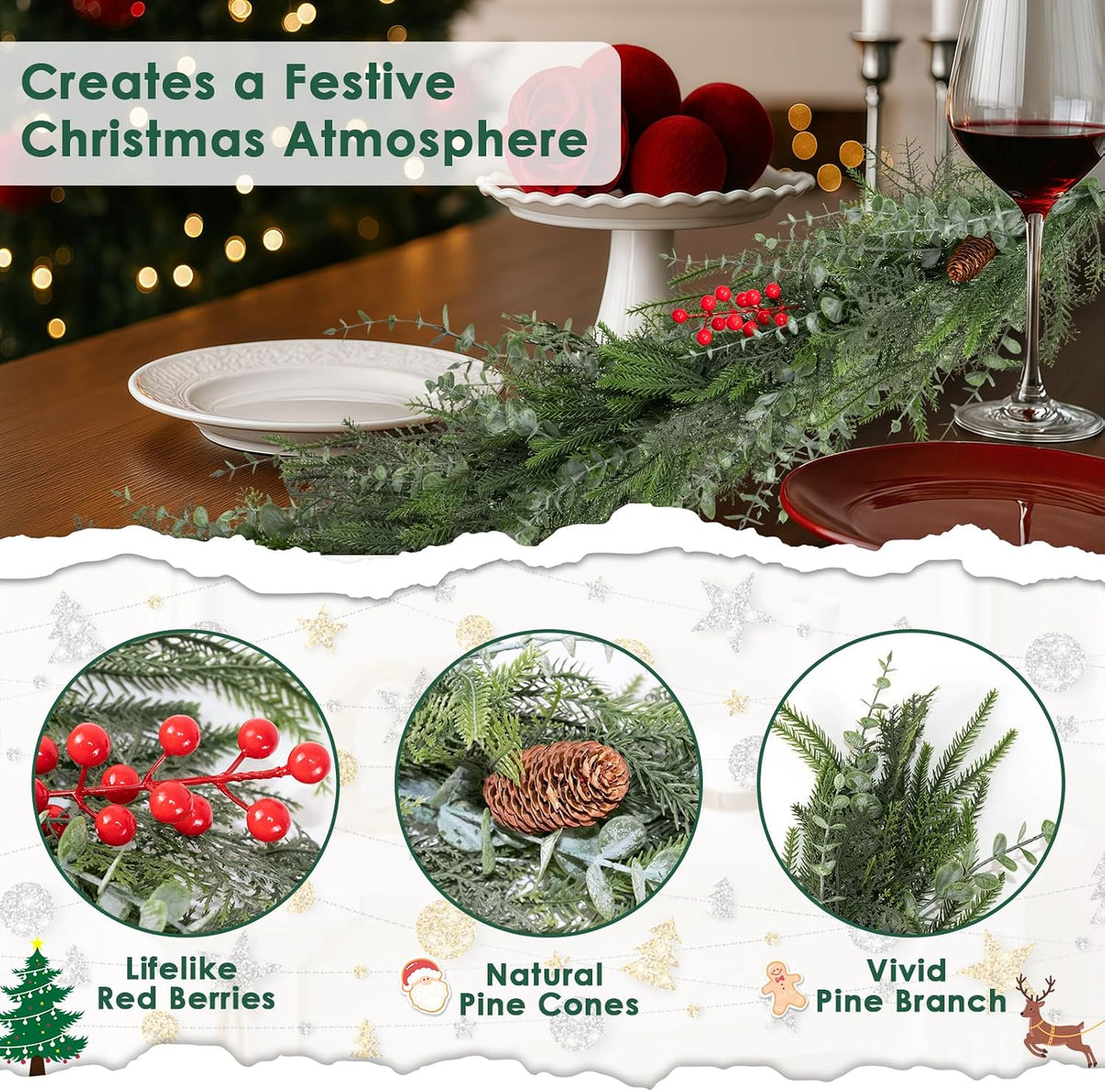 9FT Artificial Norfolk Pine Christmas Garland, Winter Decor | Winter Cedar Eucalyptus Greenery Realistic Tree for