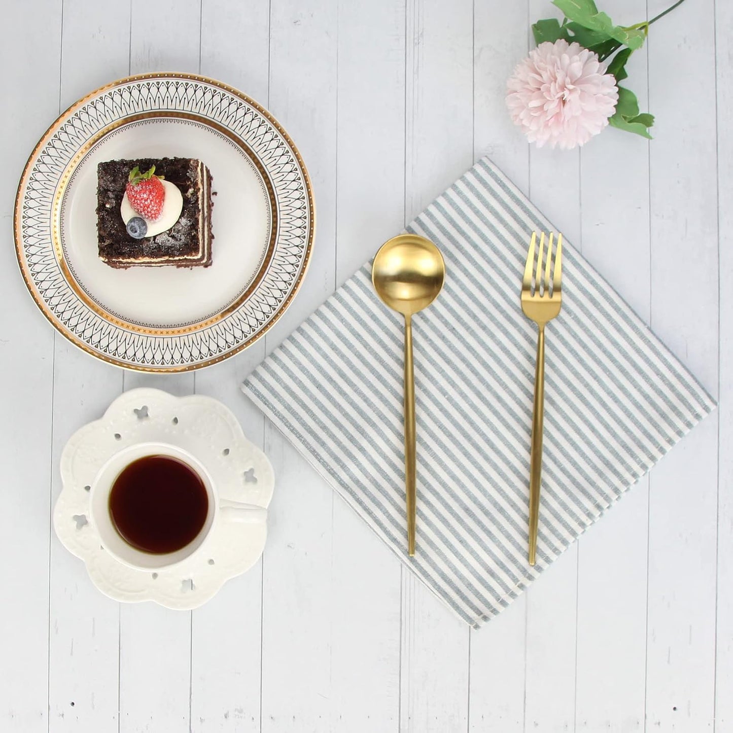 Plain Striped Cotton Linen Blended Dinner Cloth Napkins - Set of 12 (17 x 17 inches) - for Events & Home Use (Ocean)