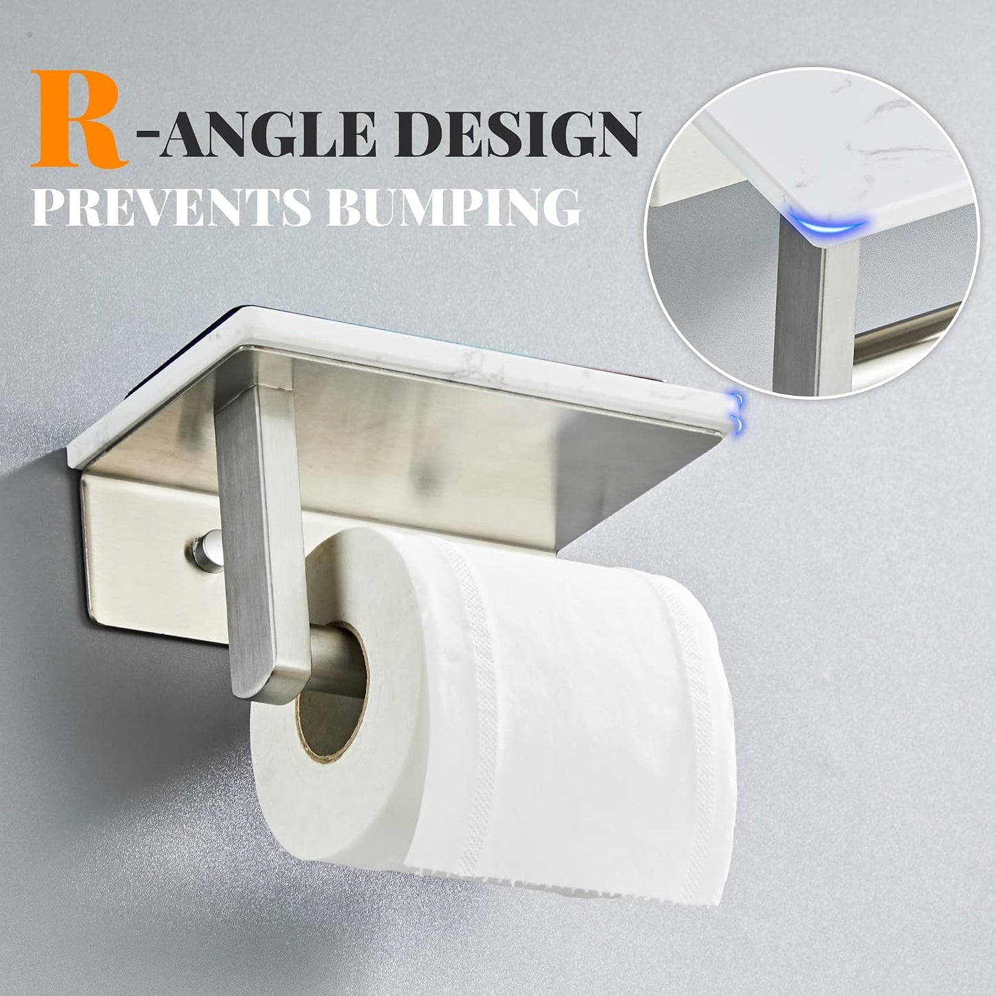 Brushed Nickel Toilet Paper Holder with Marble-Look Shelf, Wall Mounted SUS304 Stainless Steel Toilet Roll Holder with