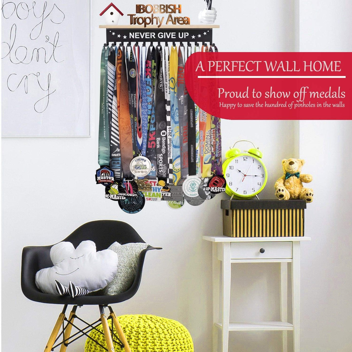 iBobbish Premium Trophy and Medal Display Shelf 16inchL,Metal Trophy Shelf with Hooks Upgraded,Large Bamboo Trophy