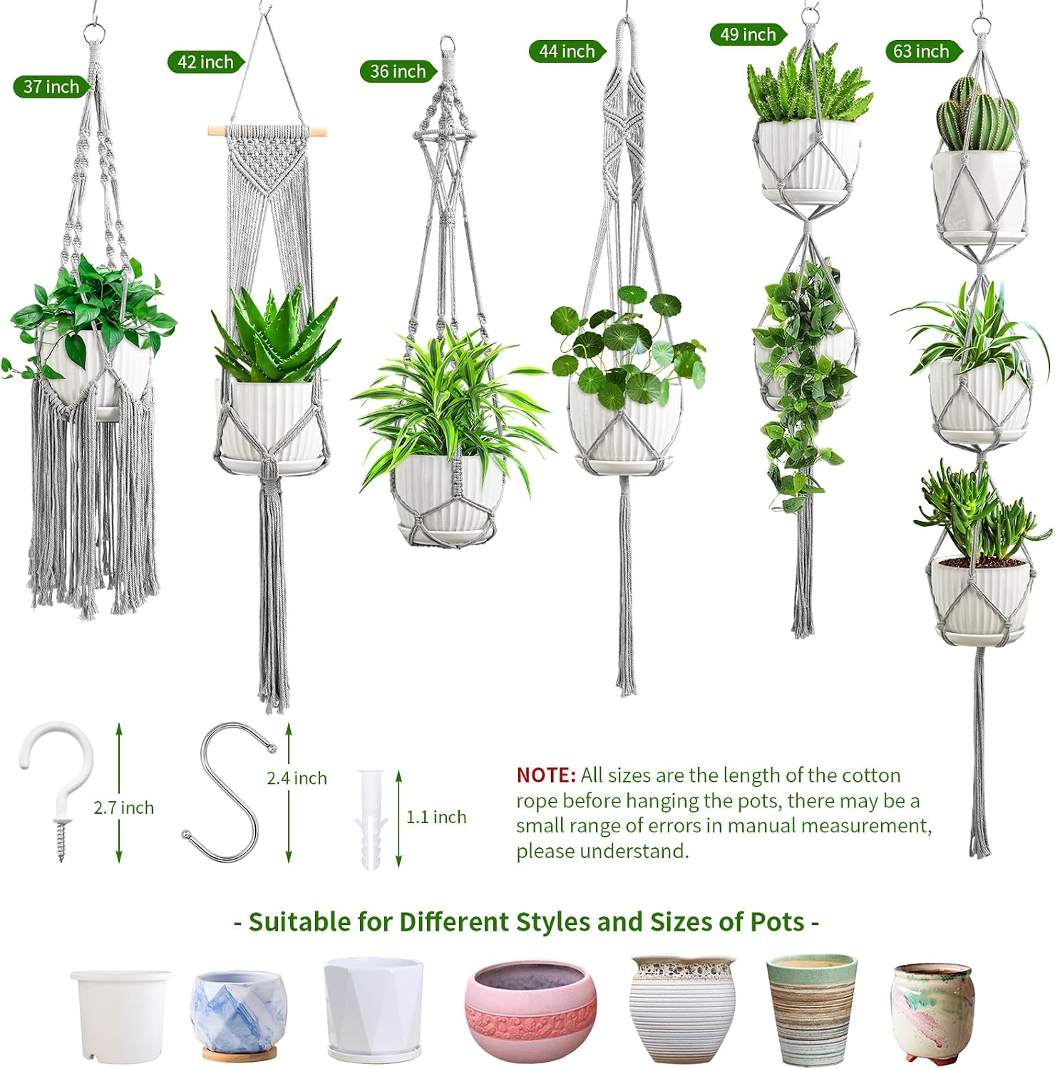 Macrame Plant Hangers / Gray / Set of 6