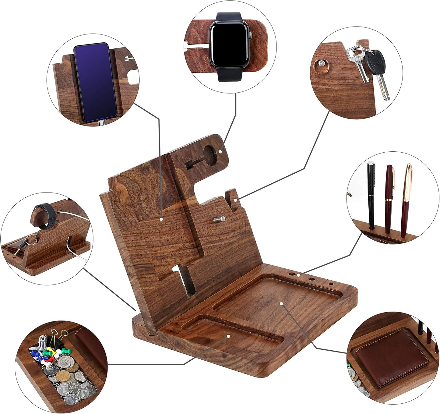 awofer Gifts for Men - Ebony Wood Phone Docking Station - Nightstand with Key Holder, Wallet Stand and Watch Organizer