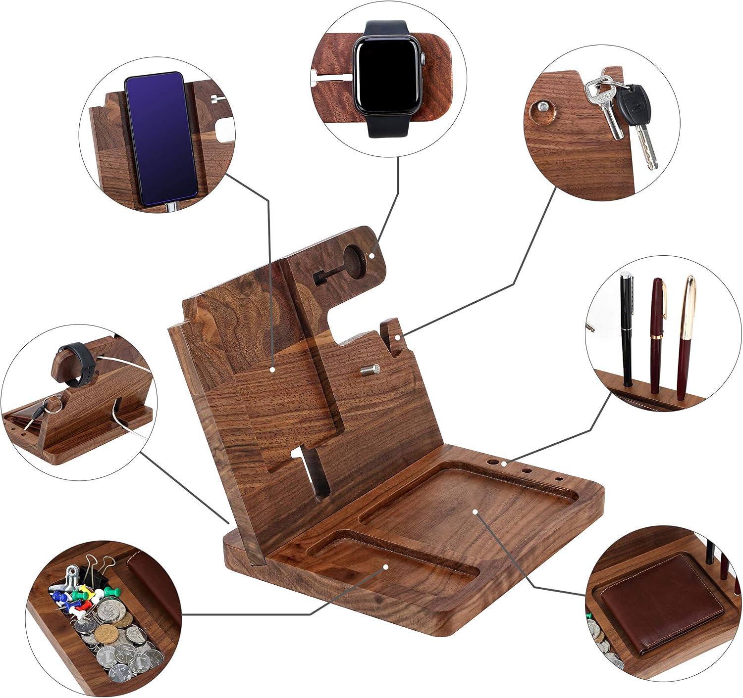 awofer Gifts for Men - Ebony Wood Phone Docking Station - Nightstand with Key Holder, Wallet Stand and Watch Organizer