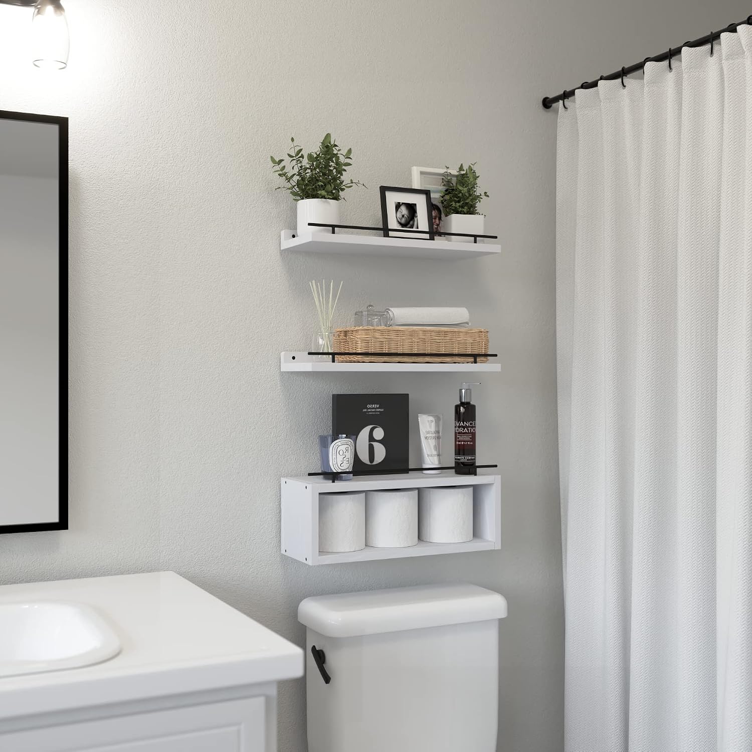 Floating Shelves for Wall with Cube Shelf, Wall Shelves with Metal Rail for Decor, Bathroom Organizers and Storage