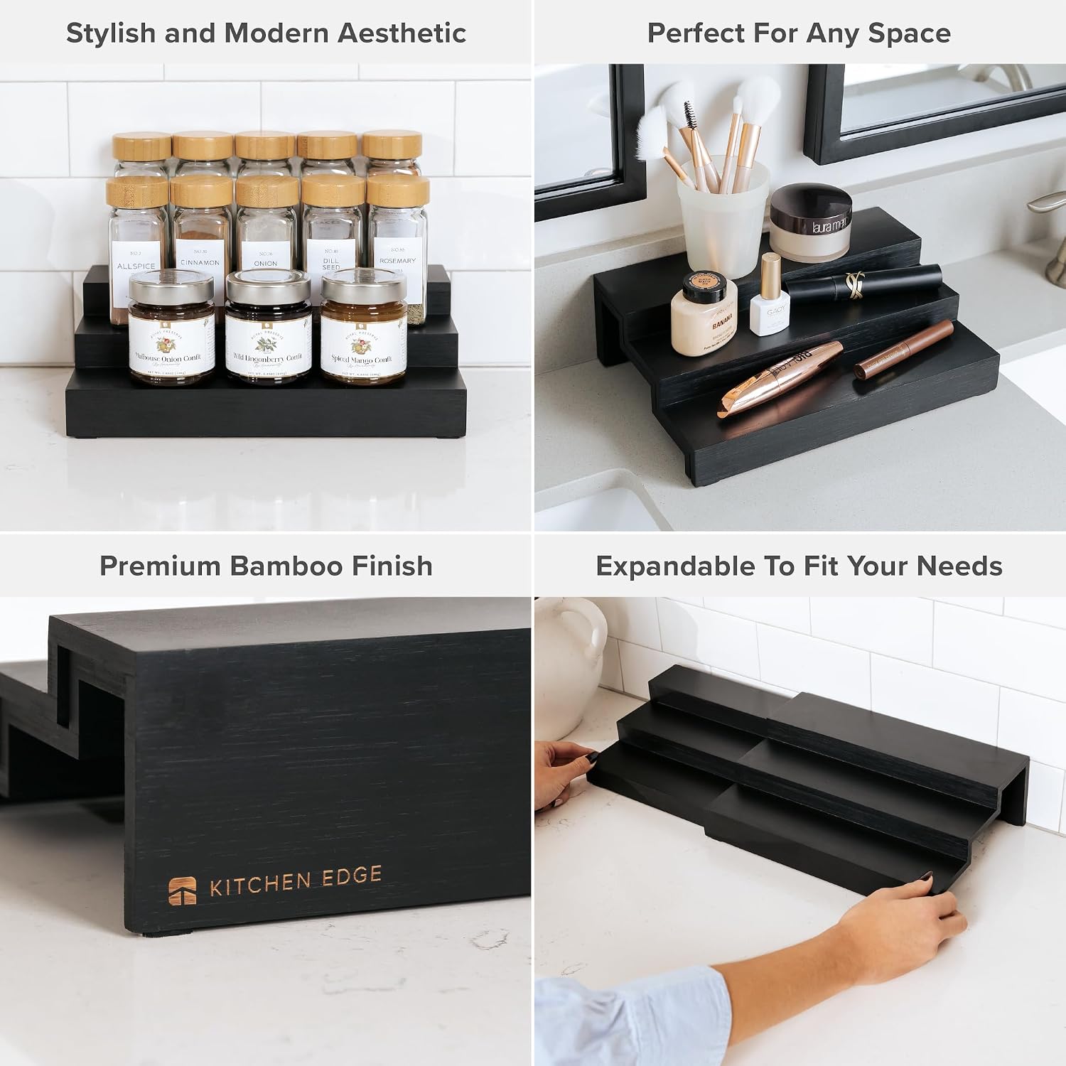 3-Tier Expandable Spice Rack Organizer, Black | Fits 36 spice jars, pantry storage, non-slip feet