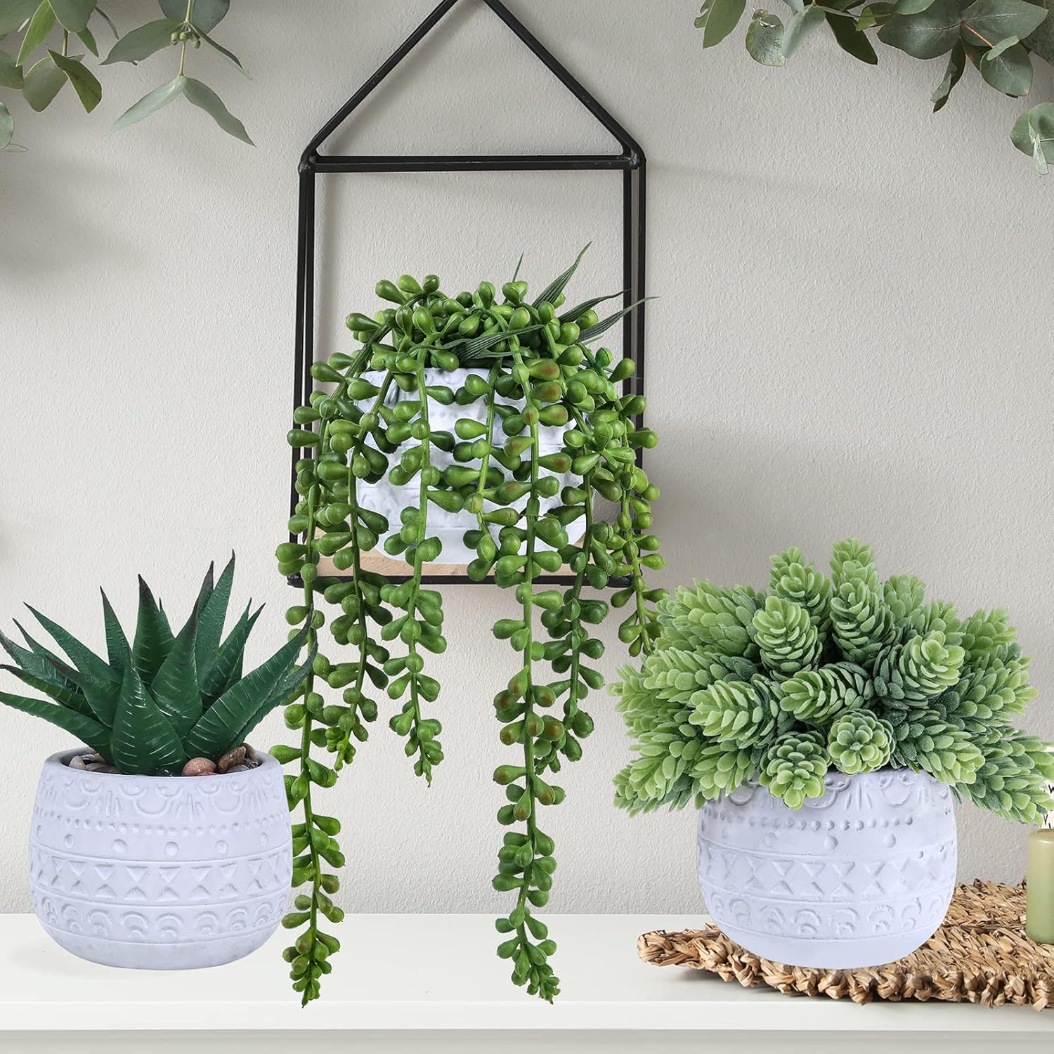Assorted Small Potted Succulent Plants Artificial Aloe Hanging Succulent / White / Set of 3
