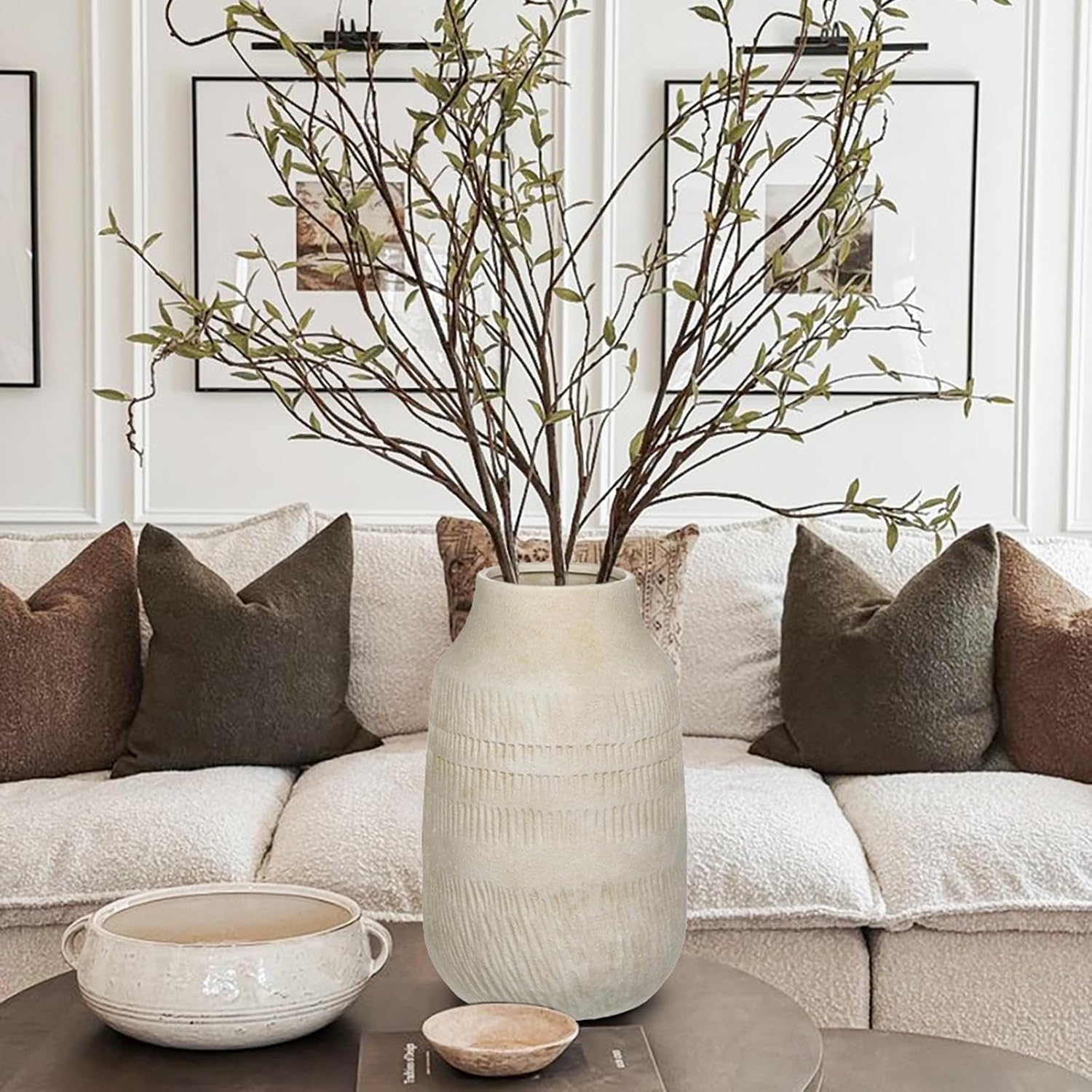 11" Rustic Ceramic Vase / 11" Beige White
