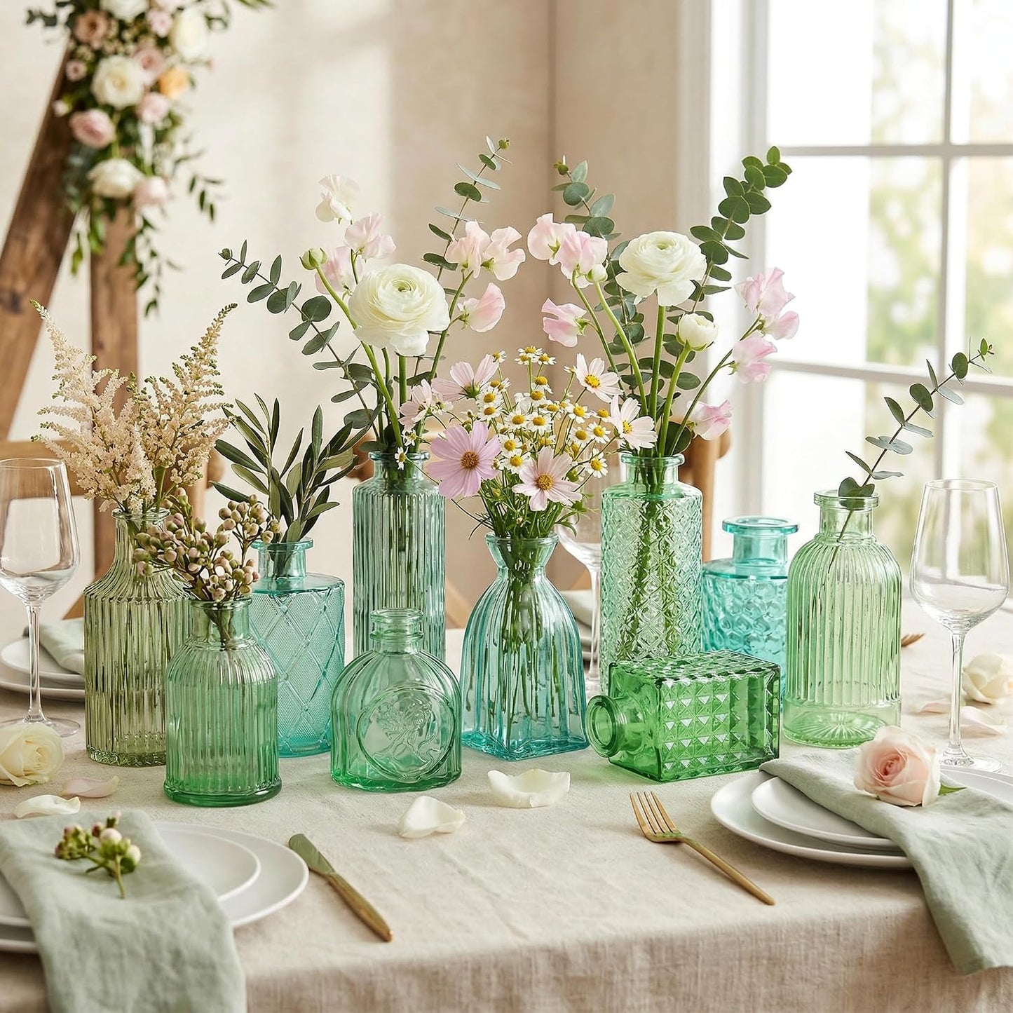 Green Glass Bud Vases / Green Series / Set of 15