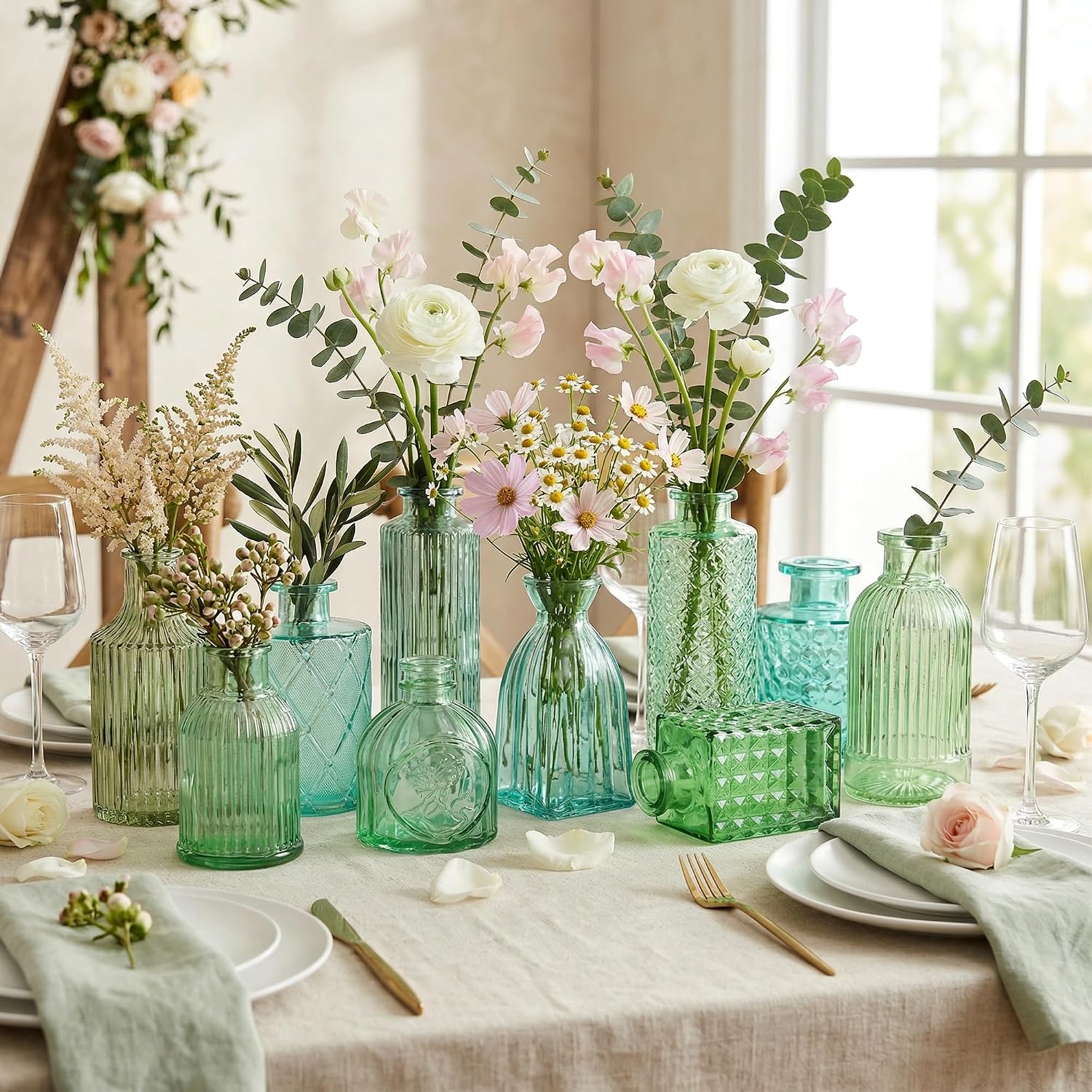 Green Glass Bud Vases / Green Series / Set of 15