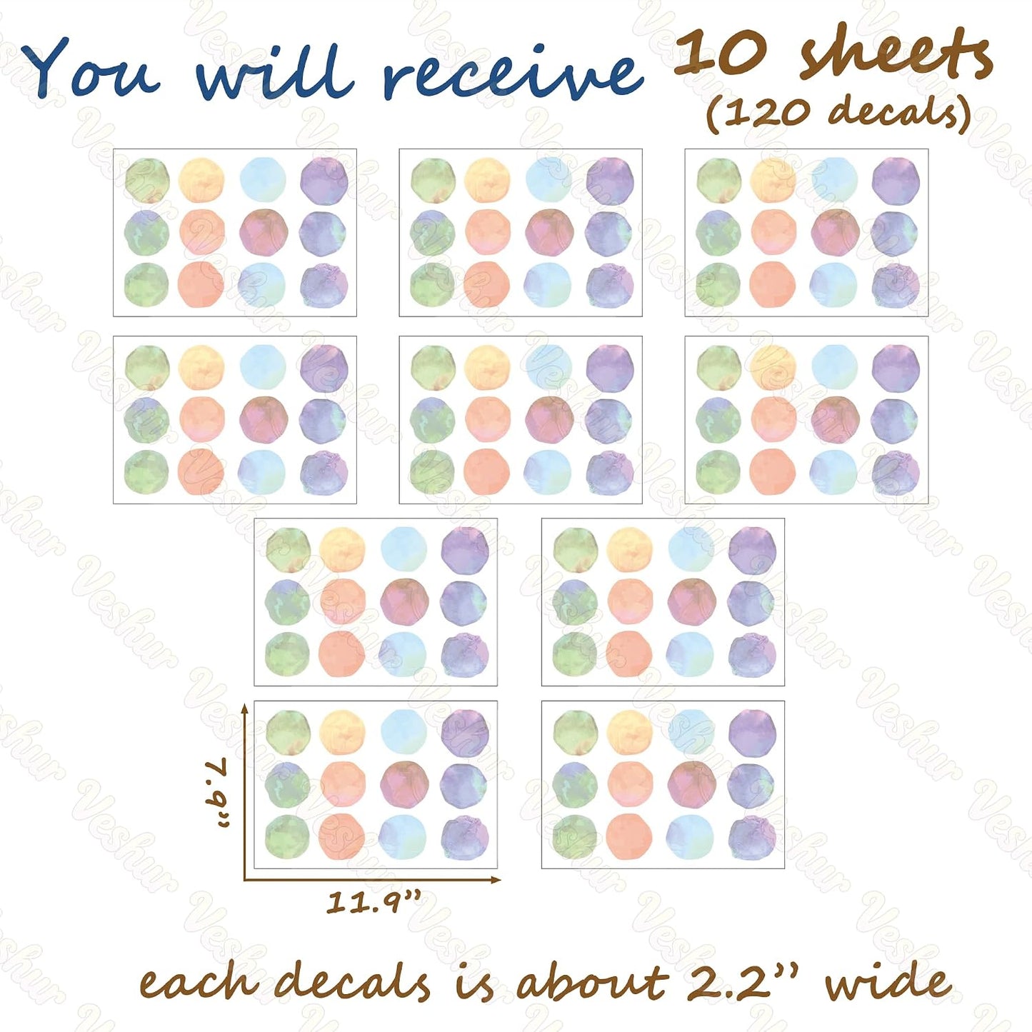 2.2'' Pastel Rainbow Polka Dot Wall Decals Colors Watercolor Dots Removable Wall / Set of 120