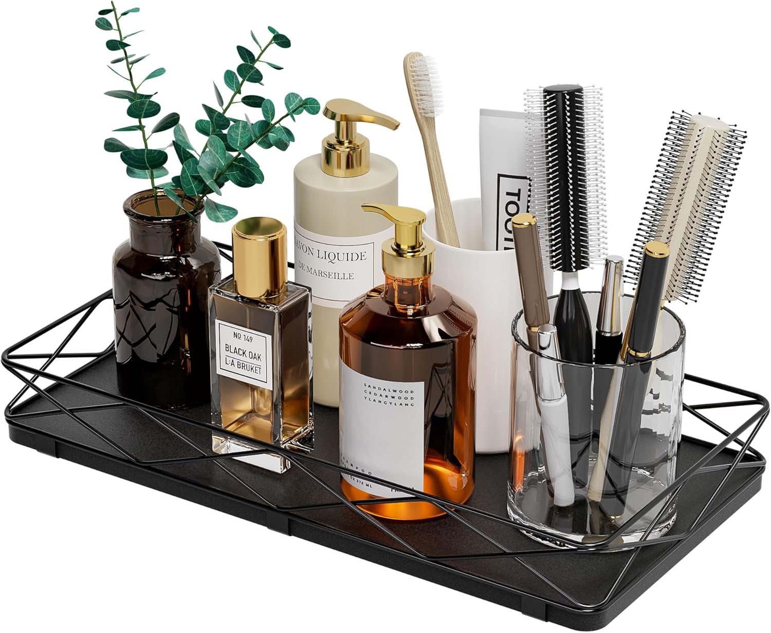 Wood and Metal Toilet Tray Vanity Organizer Bathroom Tray / Black