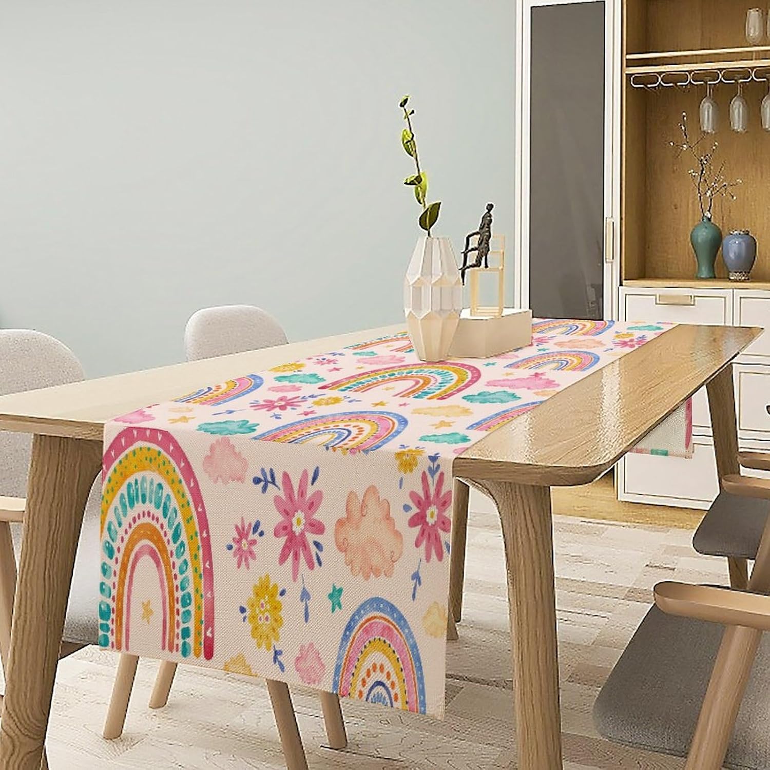 Fantasy Cartoon Colorful Rainbow Table Runner Pink Abstract Cute Boho Rainbow Pattern Printed Linen Table Runner for