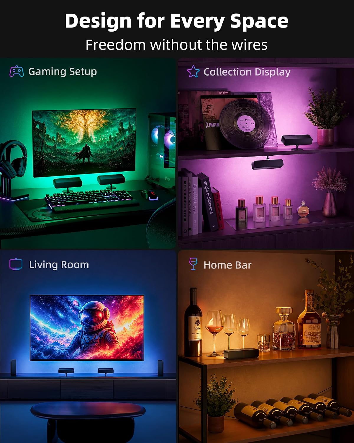 EZVALO Wireless RGB Light Bars, Rechargeable LED Mood Lights with Remote | 80 RGB Colors, Dynamic RGB Effects