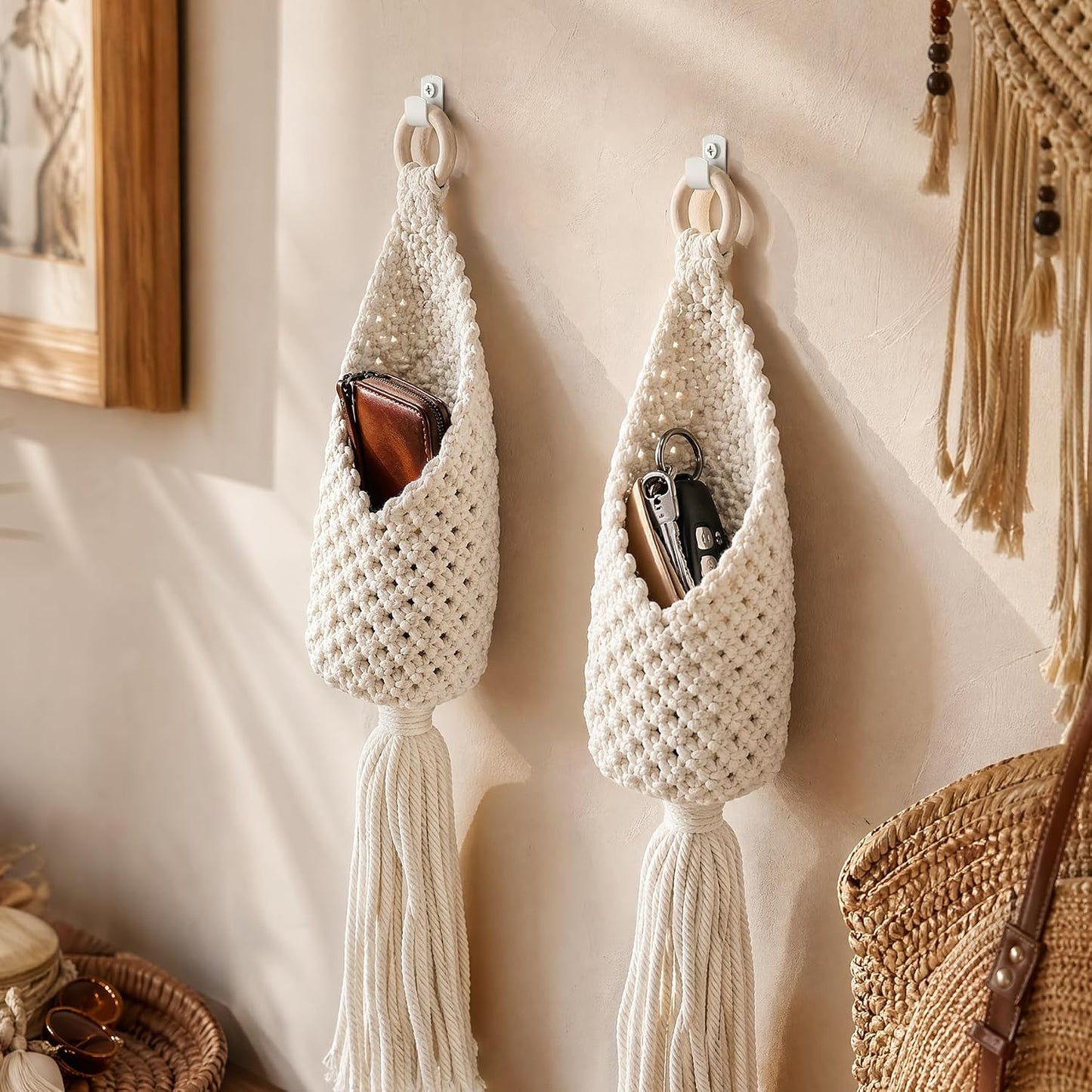 Small Woven Baskets Boho Tassel Decor Storage Cotton Rope Pouches / White / Set of 2