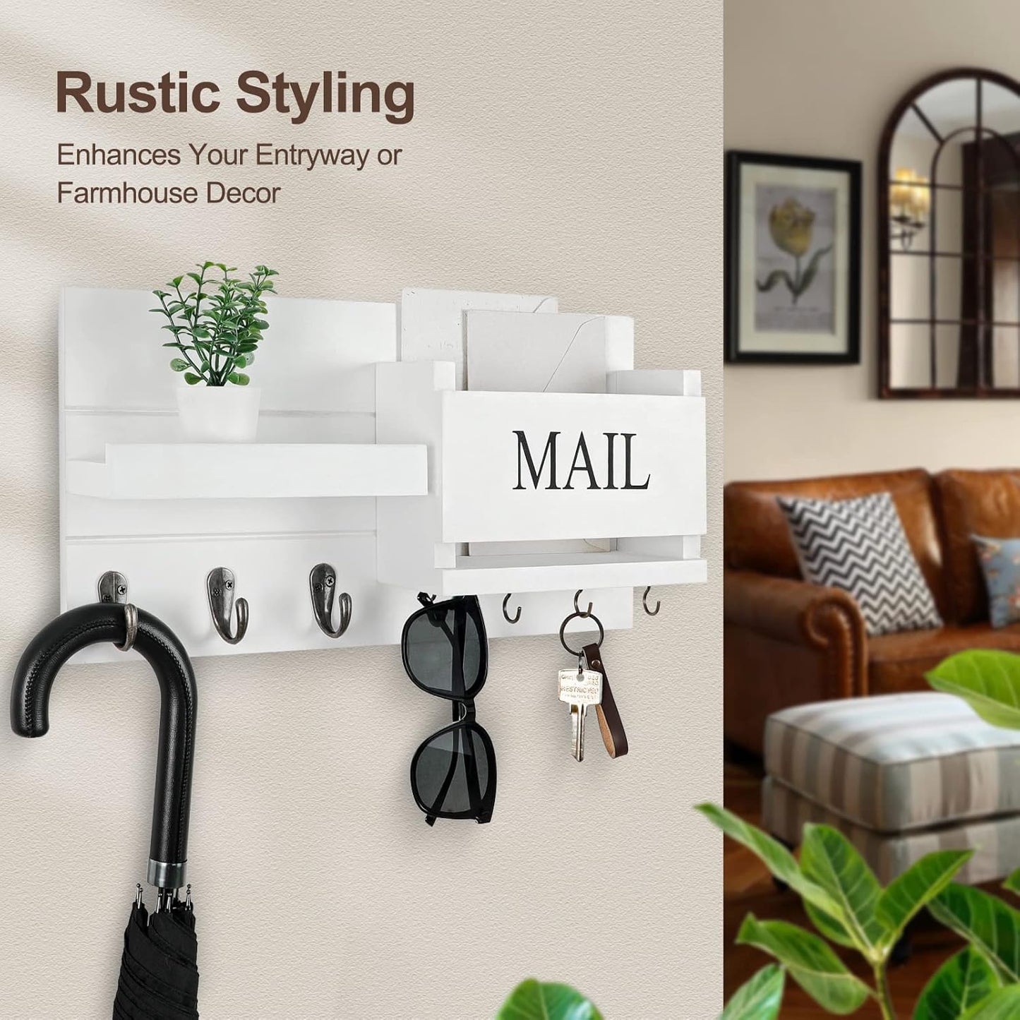 Shelf Includes Letter Holder and Hooks for Hallway Farmhouse / White