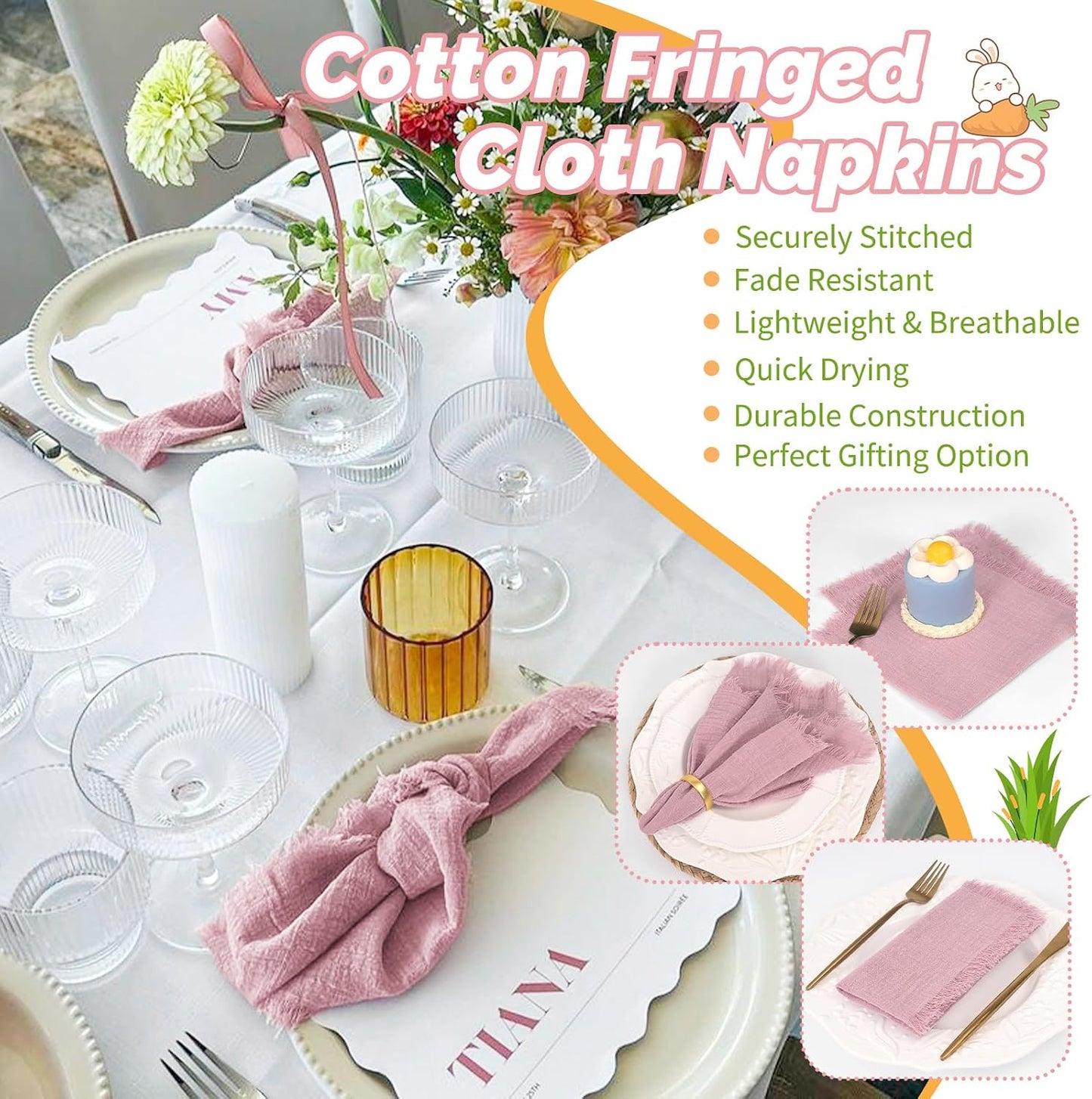 Showgeous 30 Pack Dusty Rose Cloth Napkins with Fringe, 16x16 inch | 100% Cotton Napkins Handmade Dinner Napkins Bulk