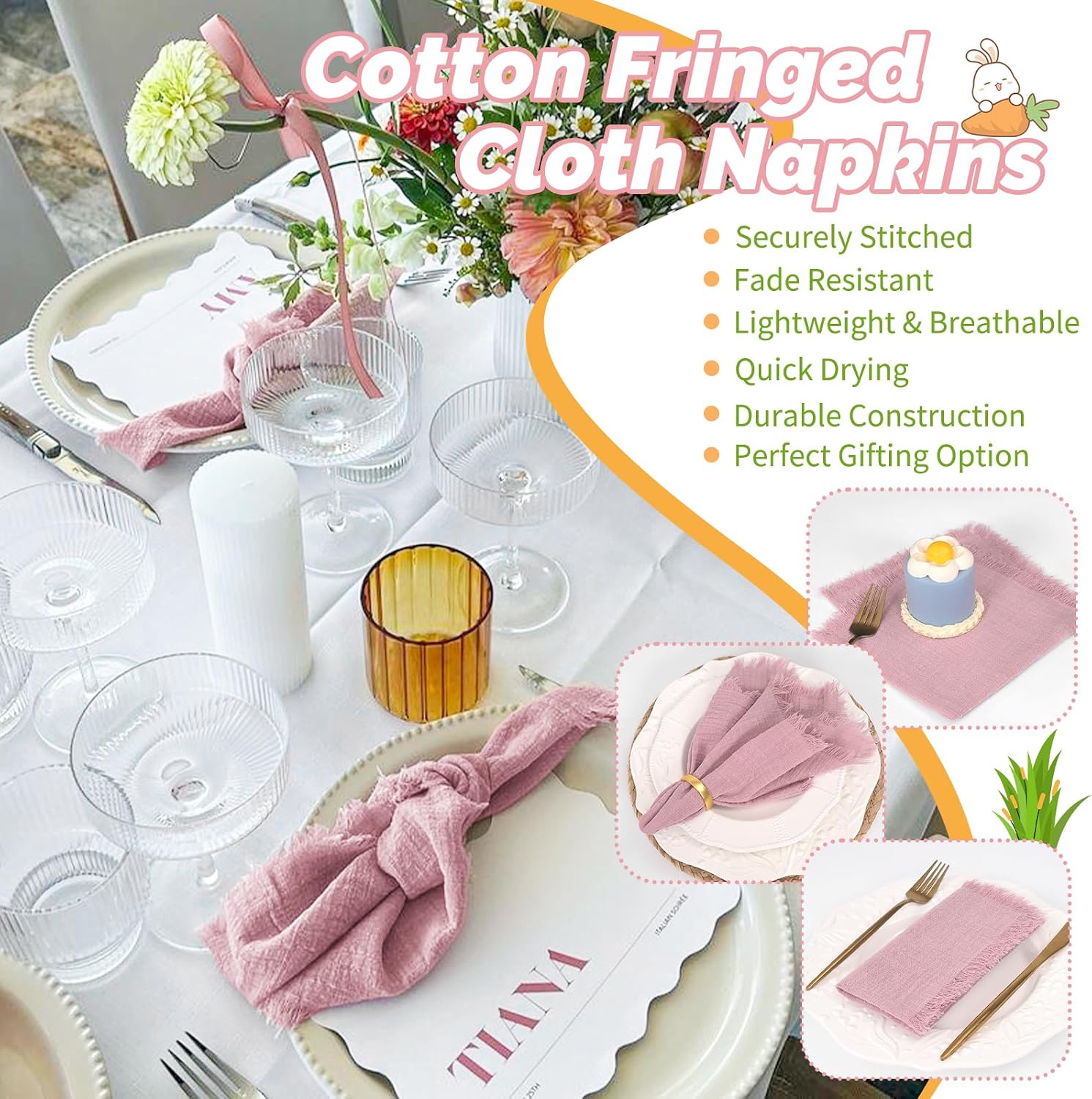 Showgeous 30 Pack Dusty Rose Cloth Napkins with Fringe, 16x16 inch | 100% Cotton Napkins Handmade Dinner Napkins Bulk