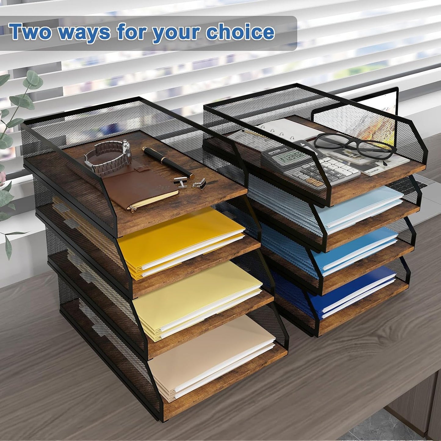 Natwind 4-Tier Stackable Metal Mesh Paper Organizer with Sliding Tray,Retro | Wooden Desk Organizer, Letter Tray For