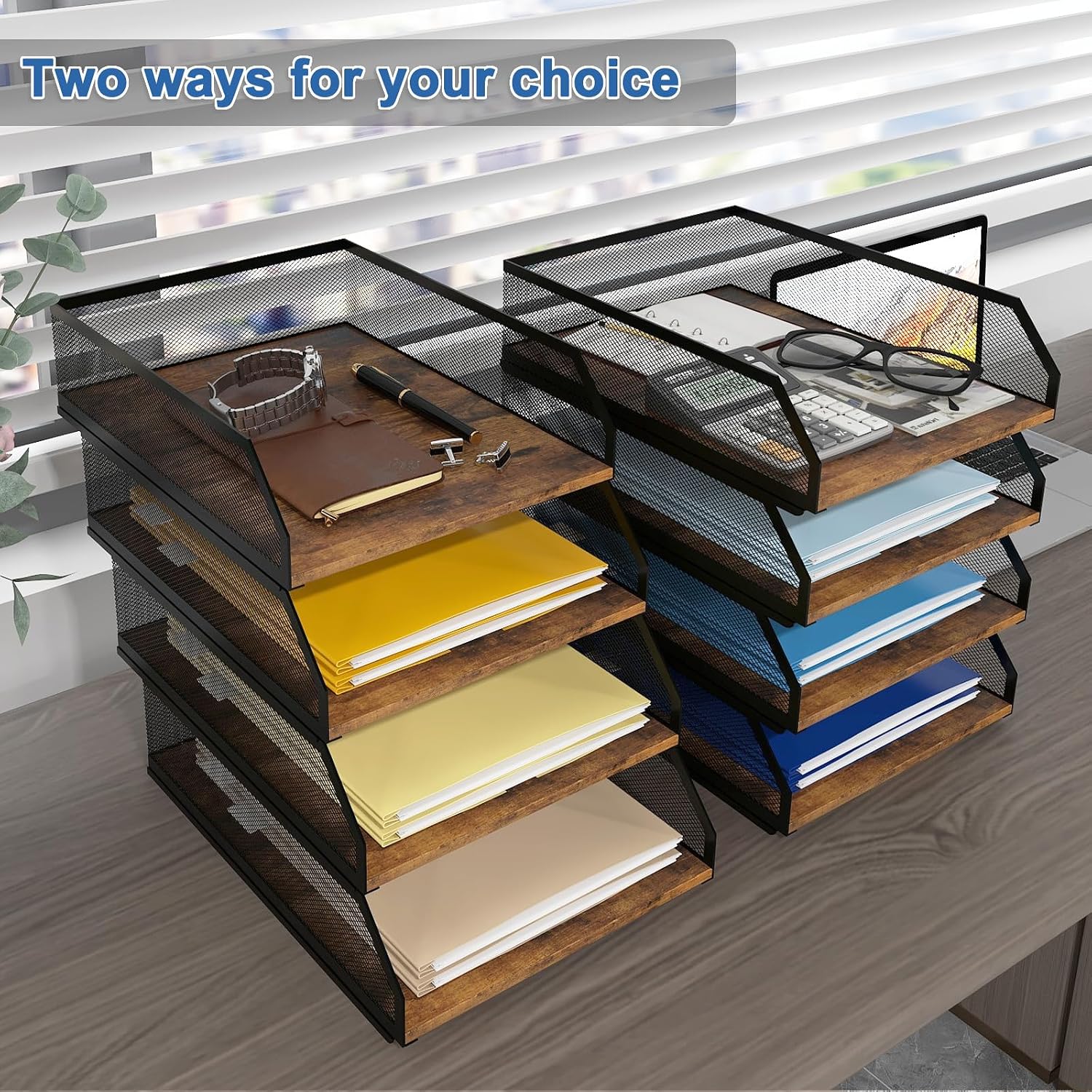Natwind 4-Tier Stackable Metal Mesh Paper Organizer with Sliding Tray,Retro | Wooden Desk Organizer, Letter Tray For