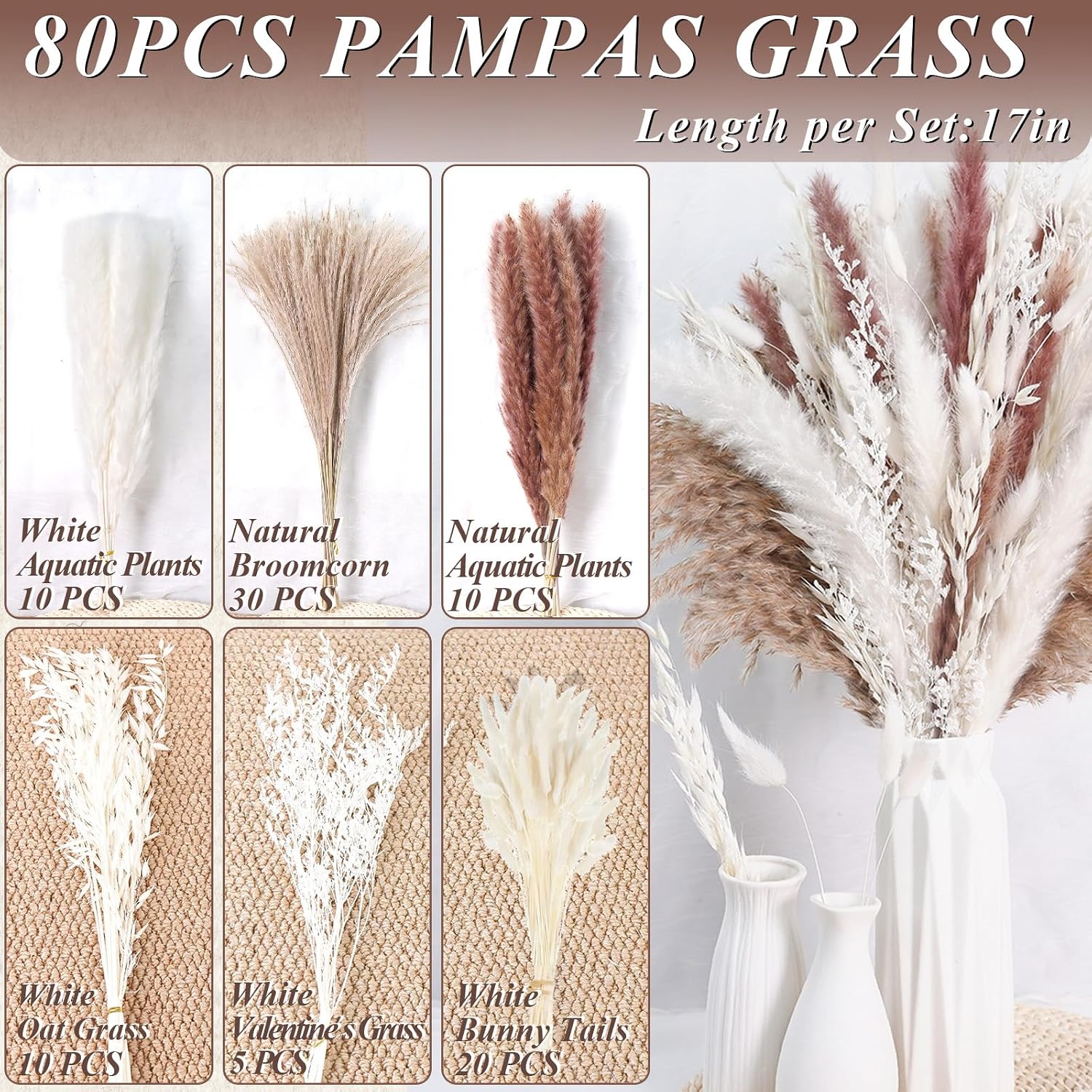 17" Natural Dried Flowers Pampas Grass Bouquet / White / Set of 85