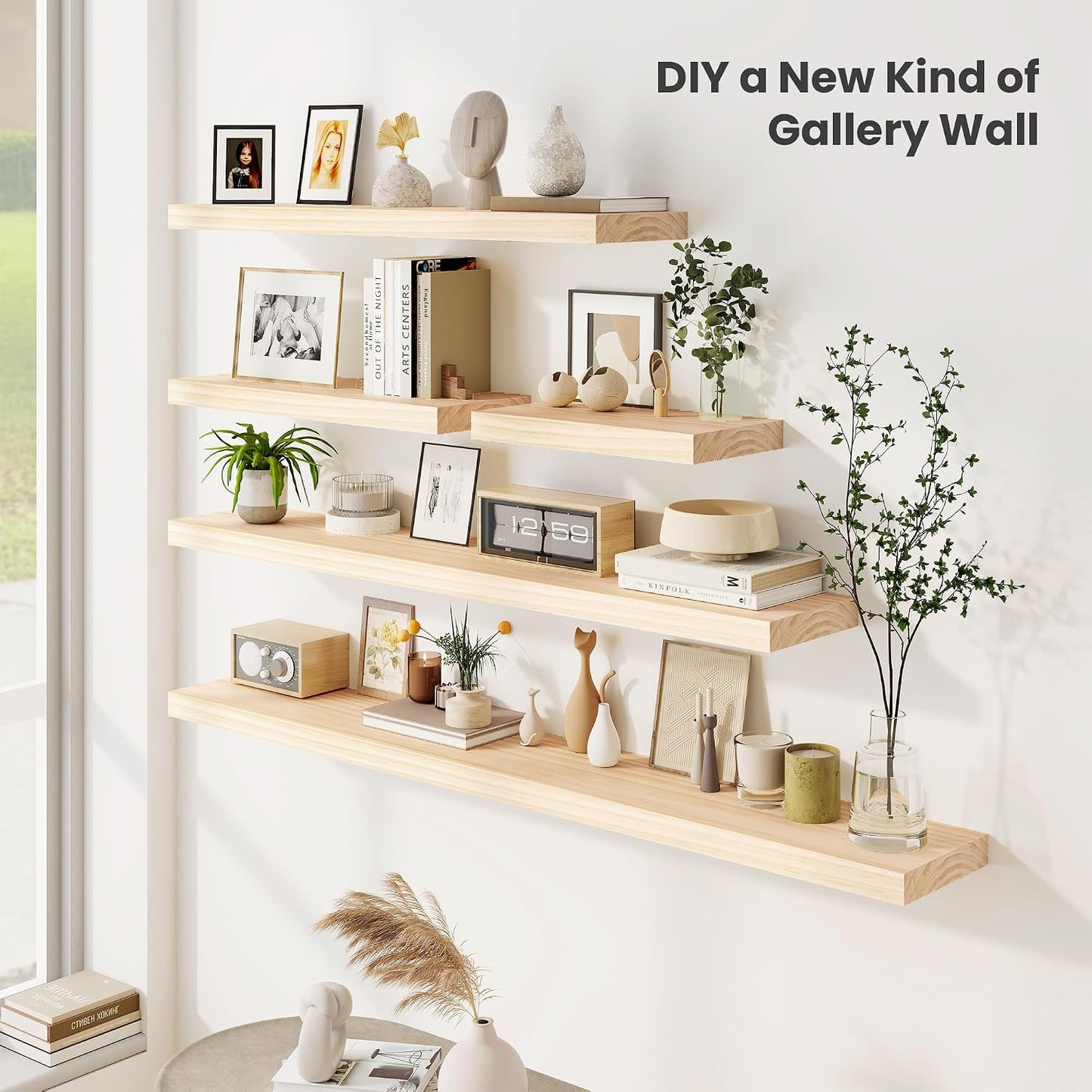 Fun Memories Wood Floating Shelves Set of 2, Rustic Pine Wood Floating Shelves for Wall Mounting, Wide Wall Shelf for