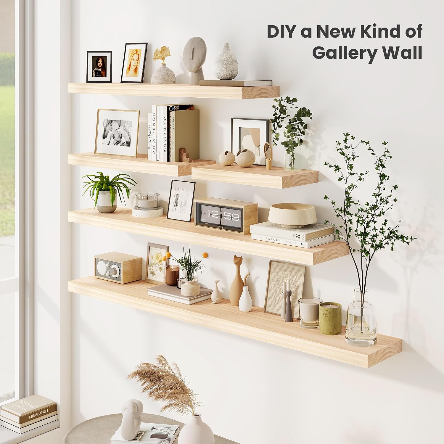 Fun Memories Wood Floating Shelves Set of 2, Rustic Pine Wood Floating Shelves for Wall Mounting, Wide Wall Shelf for