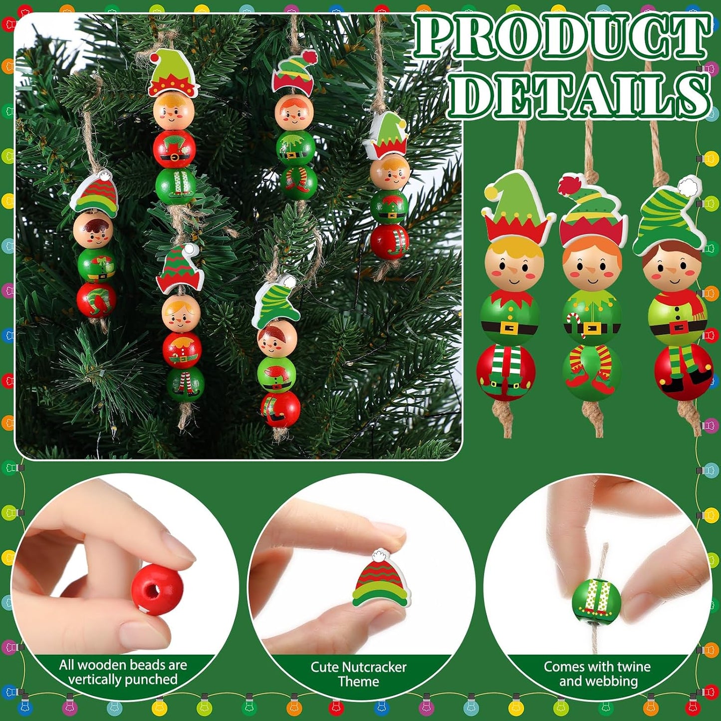 Twine Snowman Gingerbread Man Nutcracker Wooden Bead Garland / Elf / Set of 240